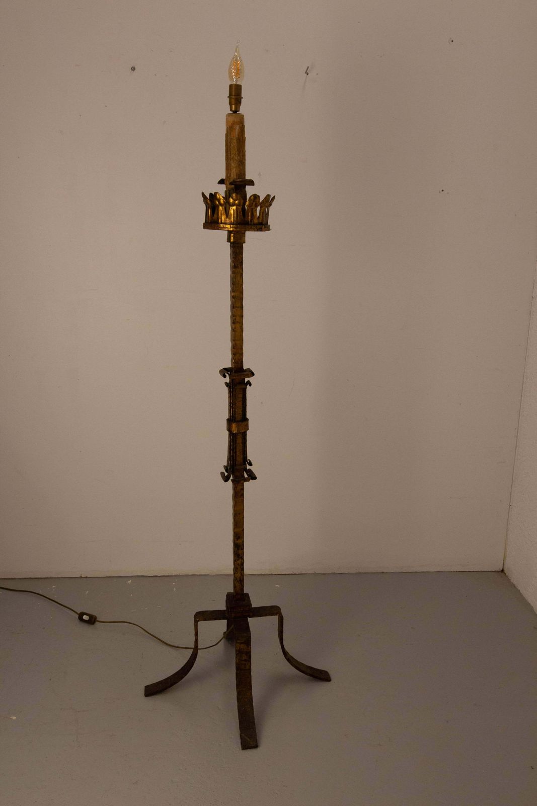 Golden Wrought Iron Floor Lamp Lantern Antique Chandelier, French, Circa 1960 photo vinterior