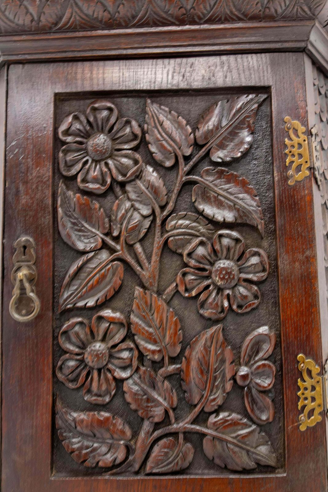 French Corner Chestnut Wall Cabinet Floral Carving, Circa 1900 photo Furniture