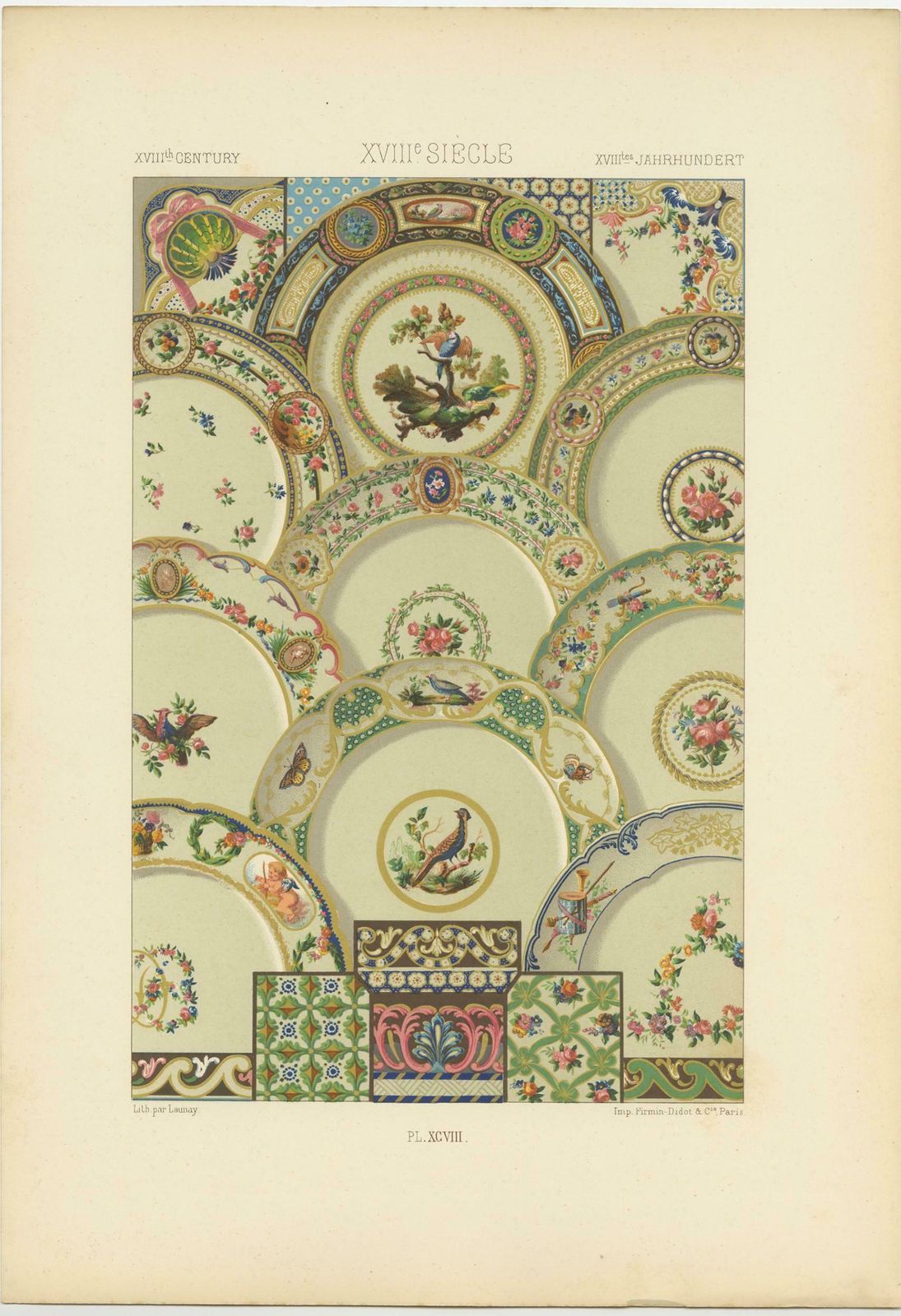 Pl. 98 Antique Print Of Xviiith Century Ornaments By Racinet (C.1890) photo for sale