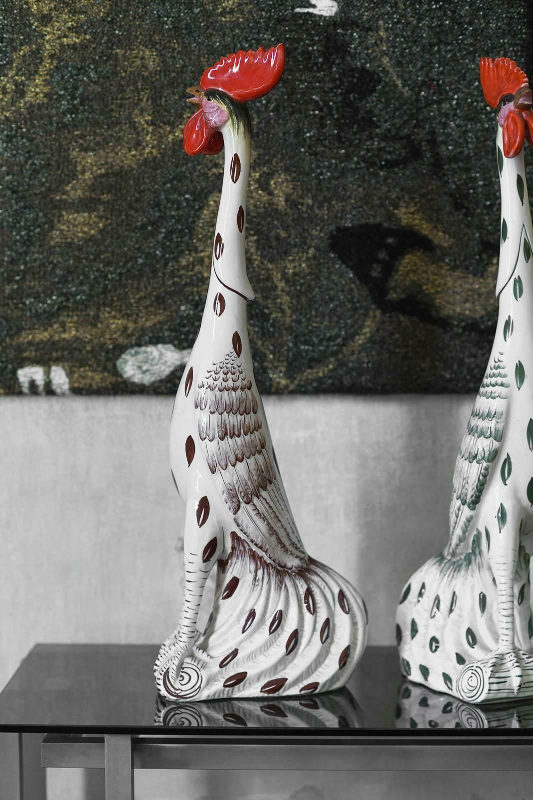 Pair Of Roosters In Glazed Ceramic With Handmade Decorations photo Art