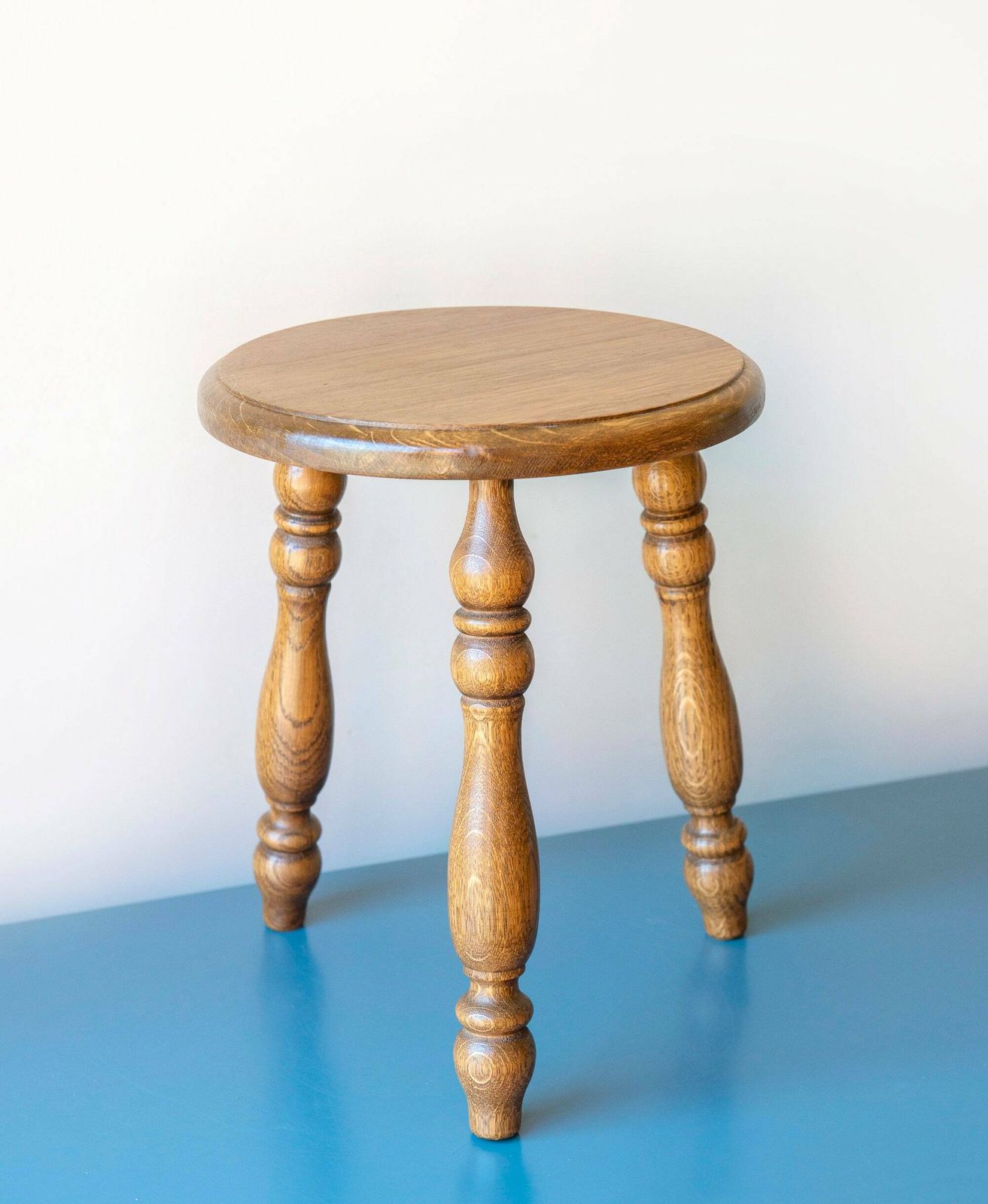photo for sale Oak Wooden Stool With Turned Legs, Antique Tripod Table, Old Farmers Stool, Rustic Plant Stand, Small Hand Carved Table, Farmhouse Decor