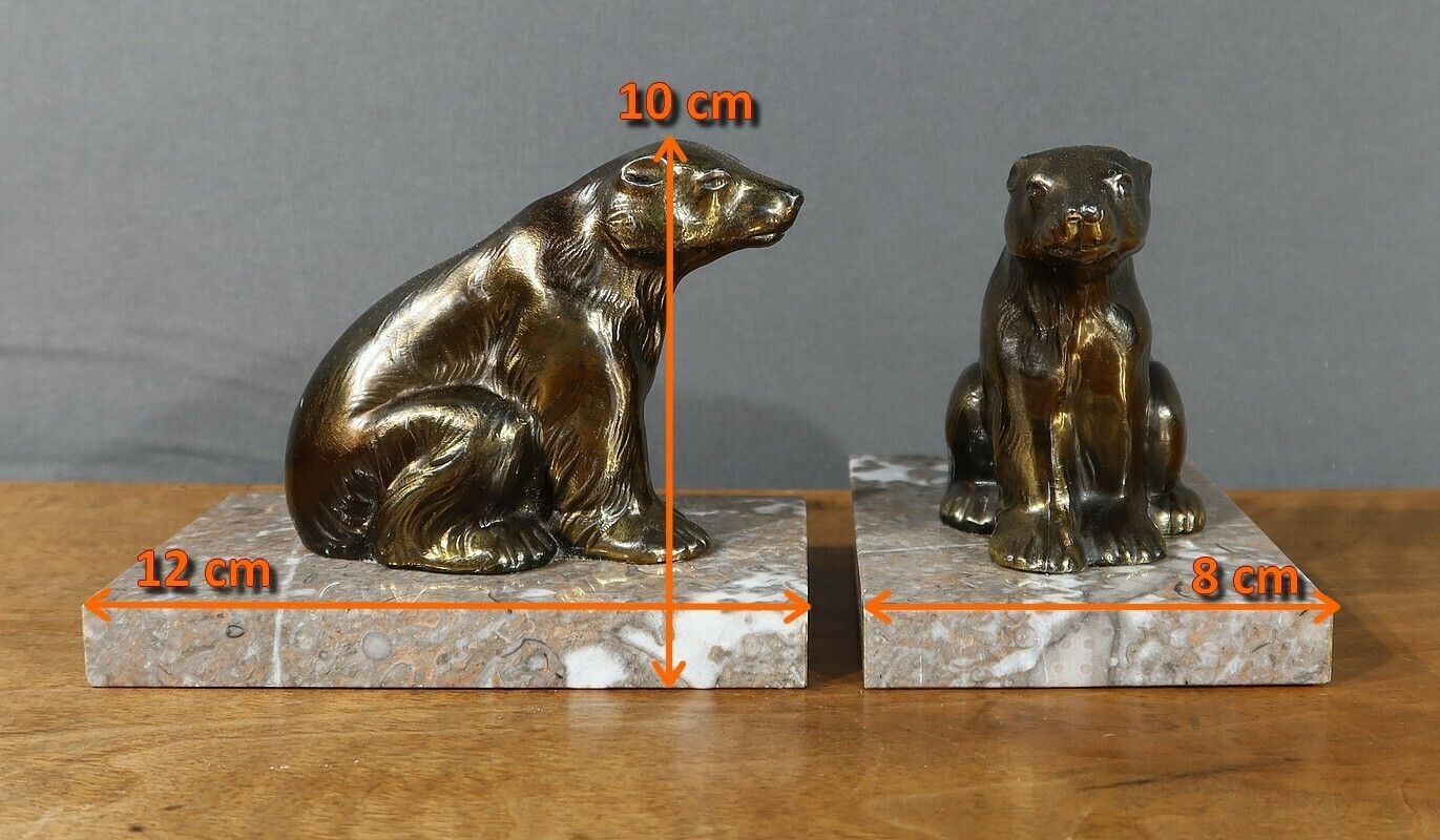 Pair Of “Bear” Bookends In Golden Metal – 1920 photo vintage