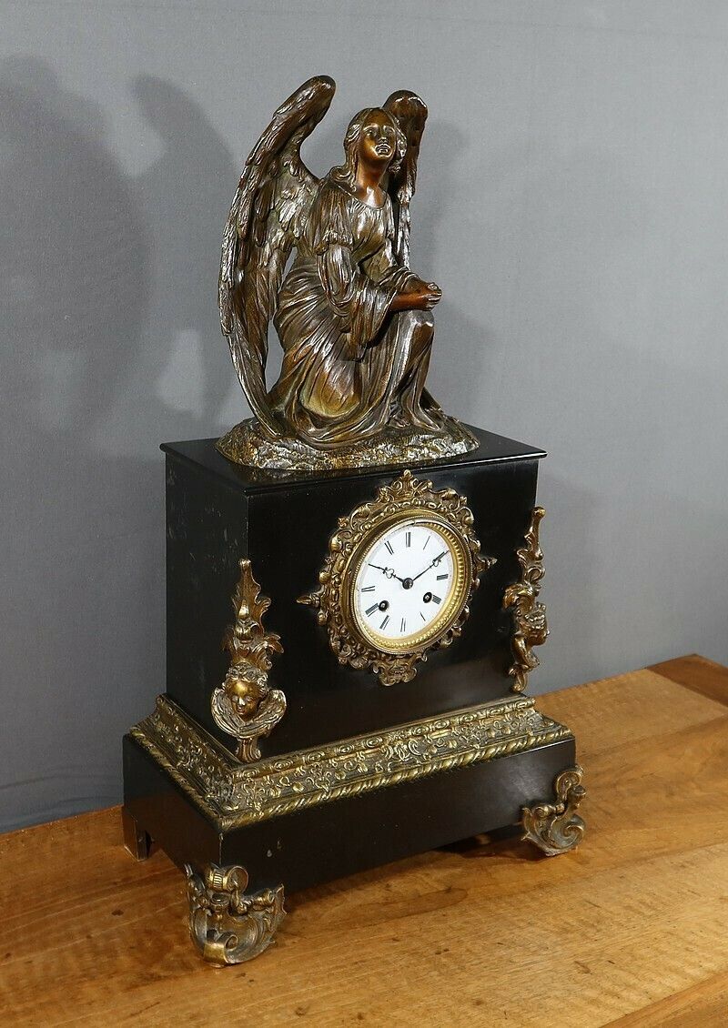 Marble And Bronze Clock, “The Angel In Contemplation”, Miroy Frères, Napoleon III Period – Mid 19th Century photo Home Decor