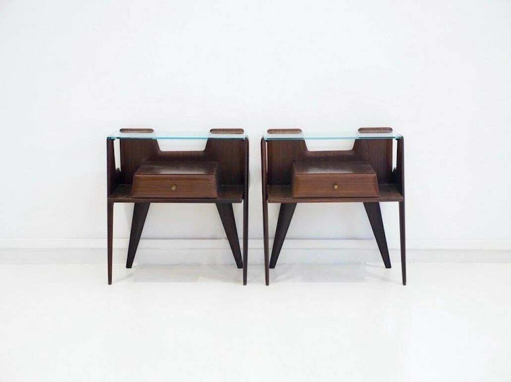 Pair Of Italian Modernist Wooden Bedside Tables With Glass Top photo furniture