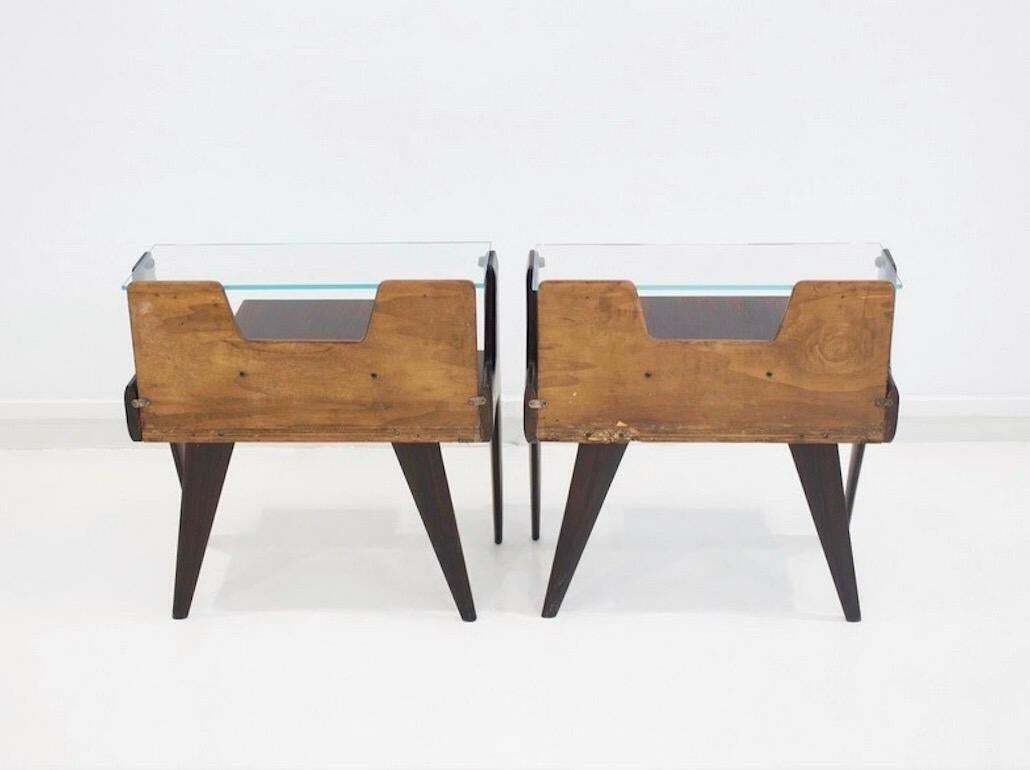 Furniture Pair Of Italian Modernist Wooden Bedside Tables With Glass Top photo