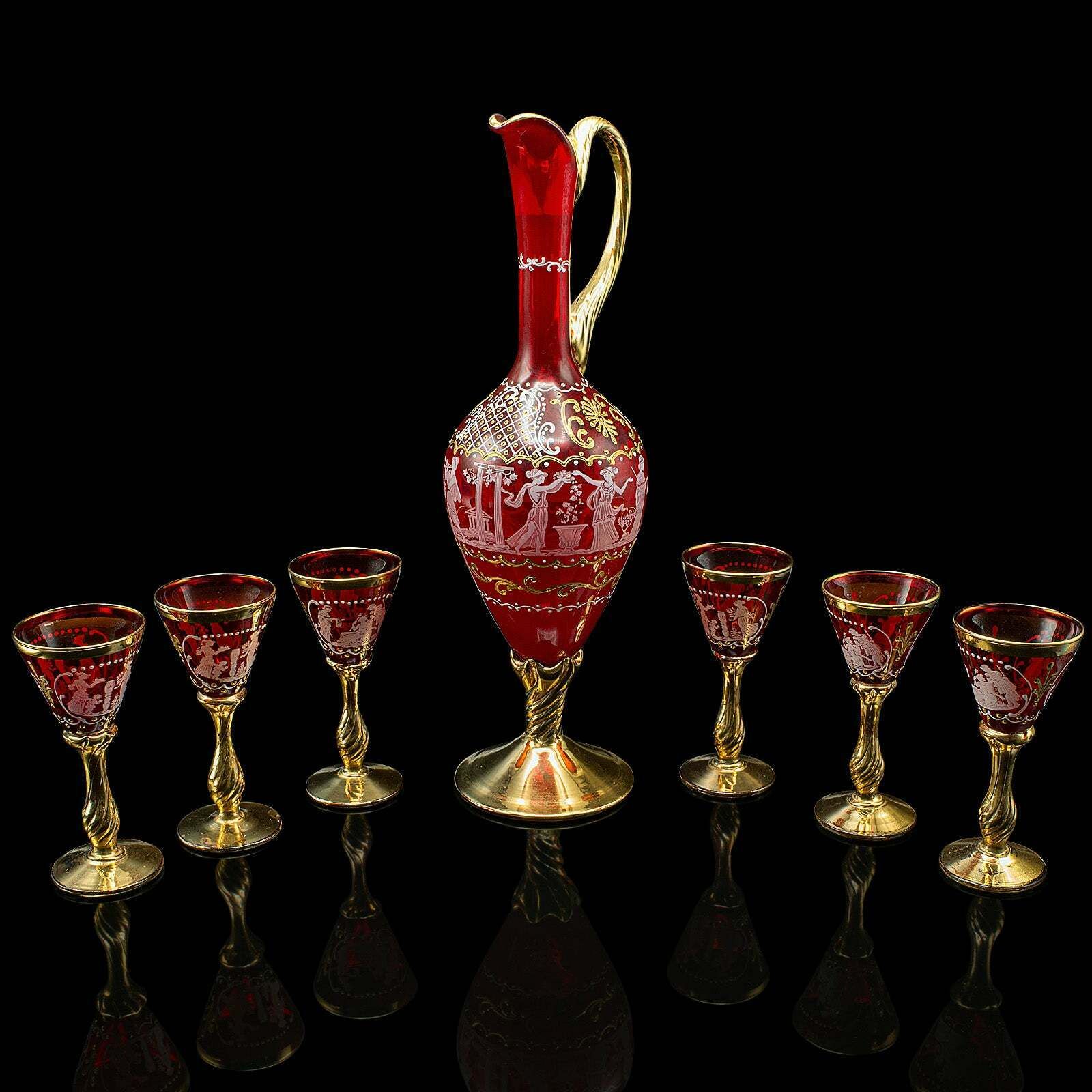 Vintage Aperitif Serving Set, Italian, Art Glass, Ewer, Wine Glasses, Circa 1970