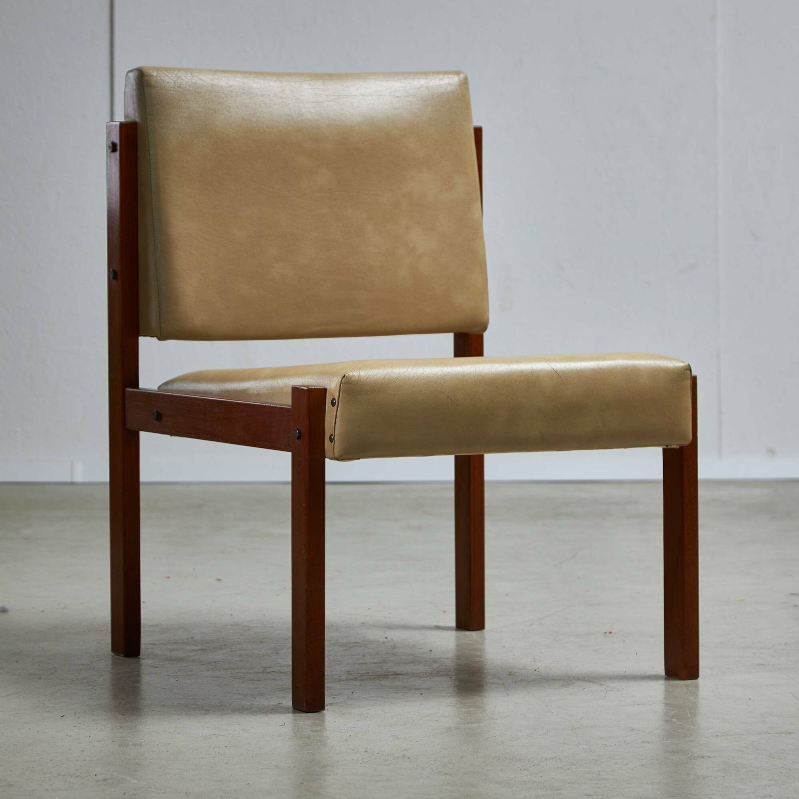 Furniture Angular Chair In Teak Wood And Leather With Copper Details, 1970s photo