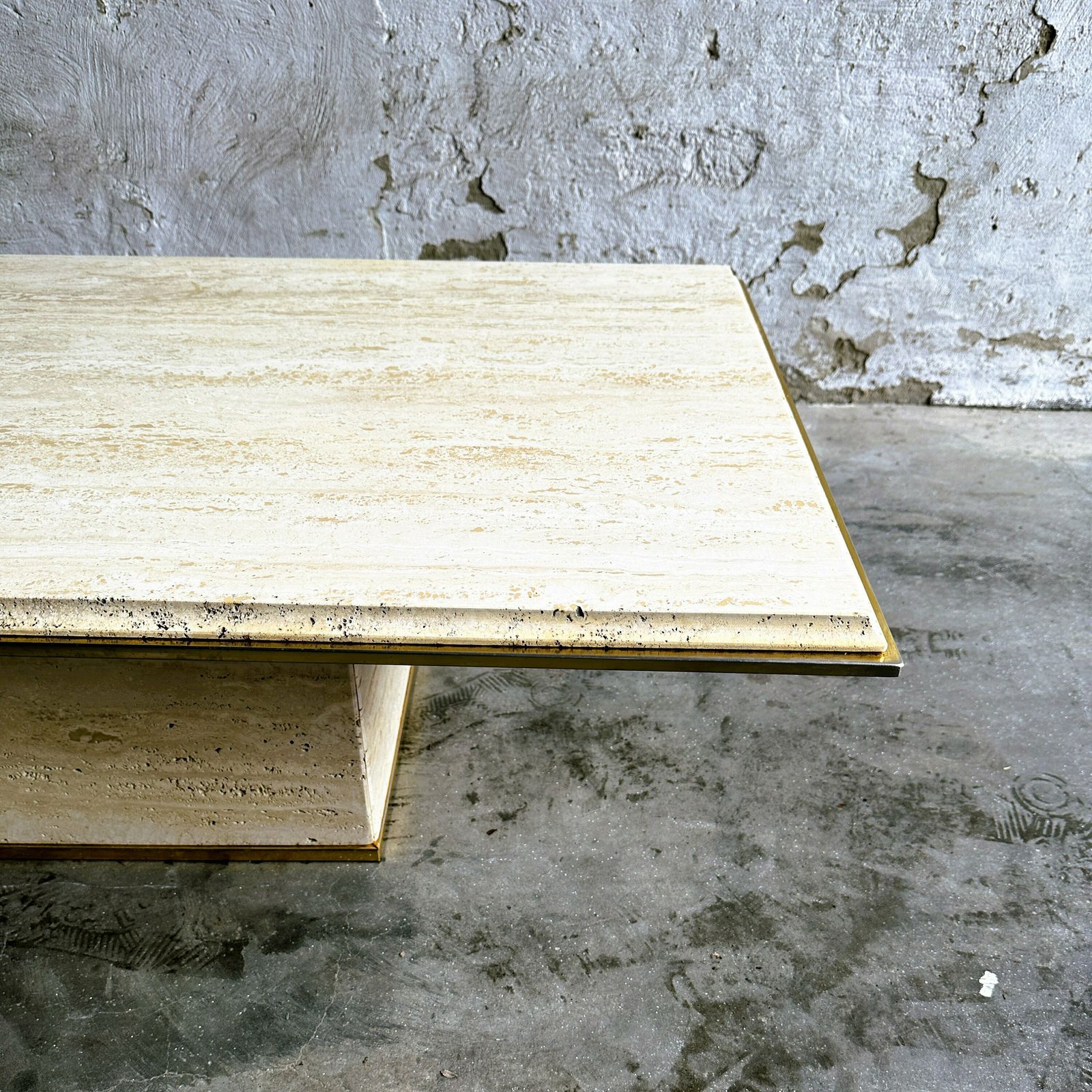 Vintage Travertin Coffee Table With Brass Rim, France 1980s. photo vintage