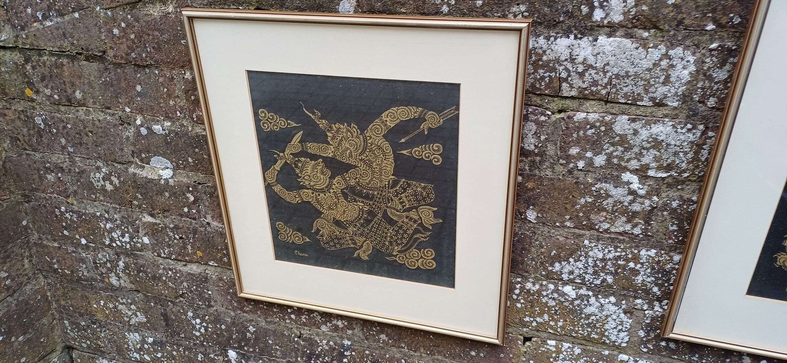 Pair Of Oriental Warriors Print On Silk With Gold Frames. Chana. photo Art