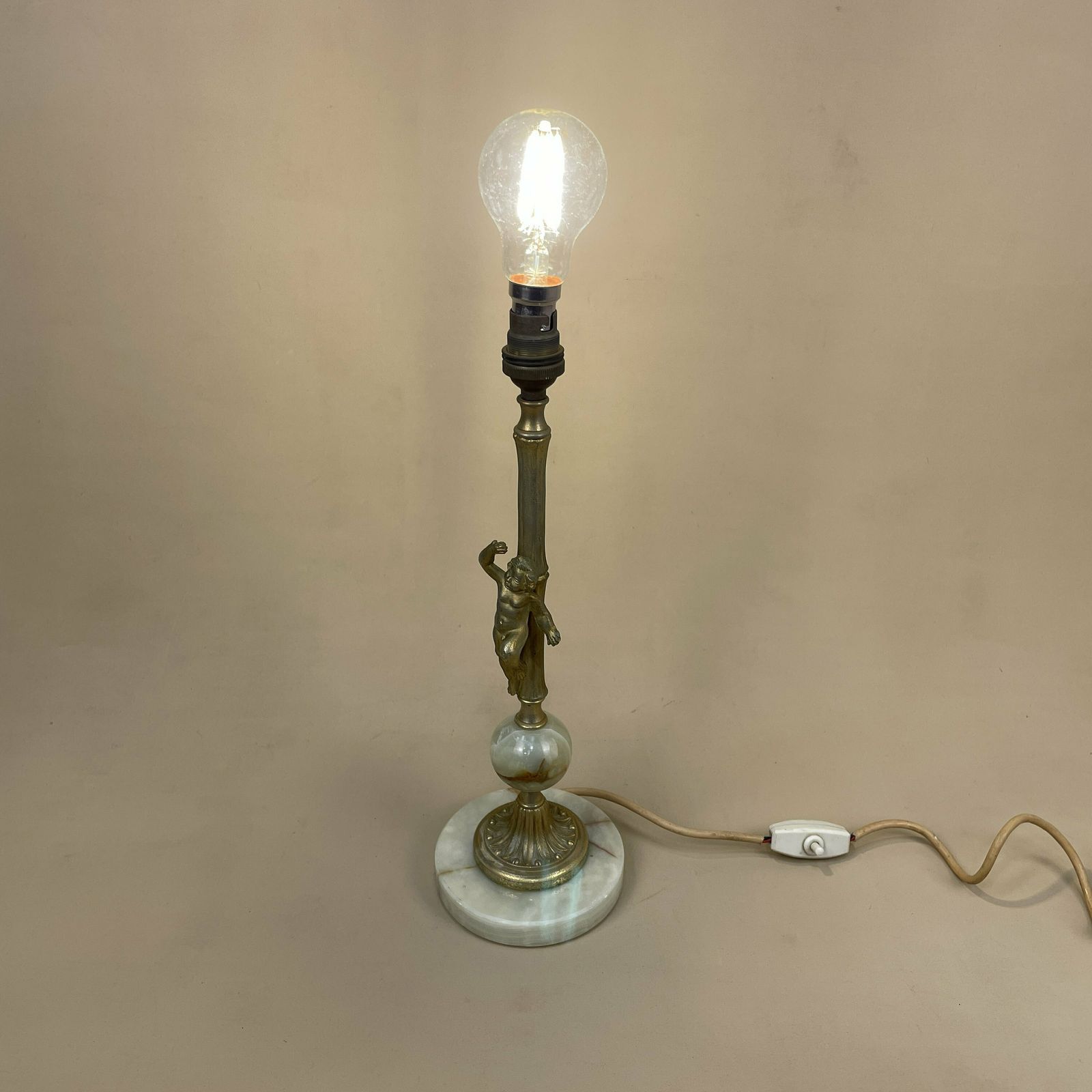 Antique Marble Lamp Light Bedside Side Table Desk Marbled Patterned Detail Vintage Pattern Stone Cherub Baby Gold Brass Metal Ornate Pattern photo buy