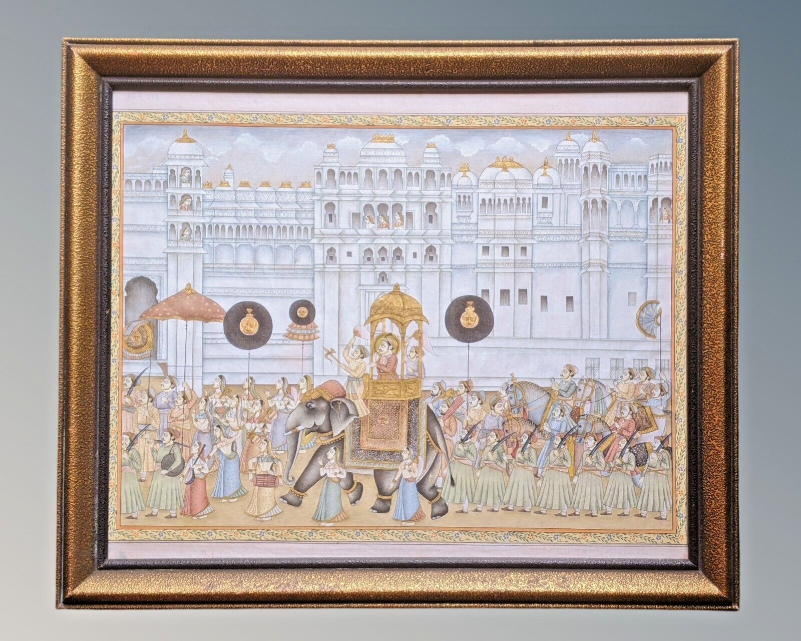 Good Indian Silk Painting Maharajah & Elephants photo vintage
