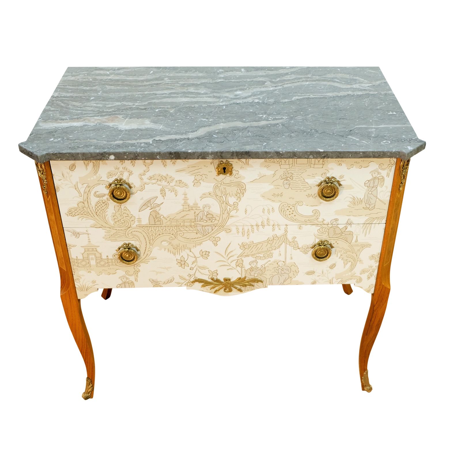 Gustavian Style Commode With Natural Marble Top And Chinoiserie Design photo for sale