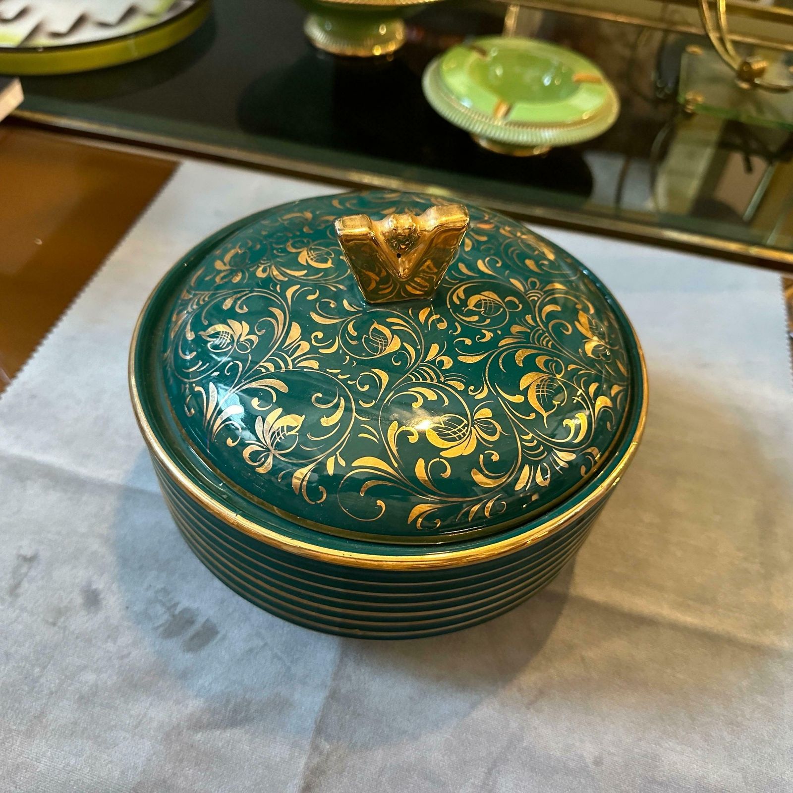 1960s Mid Century Modern Green And Gold Ceramic Italian Box By La Colonnata photo Home Decor