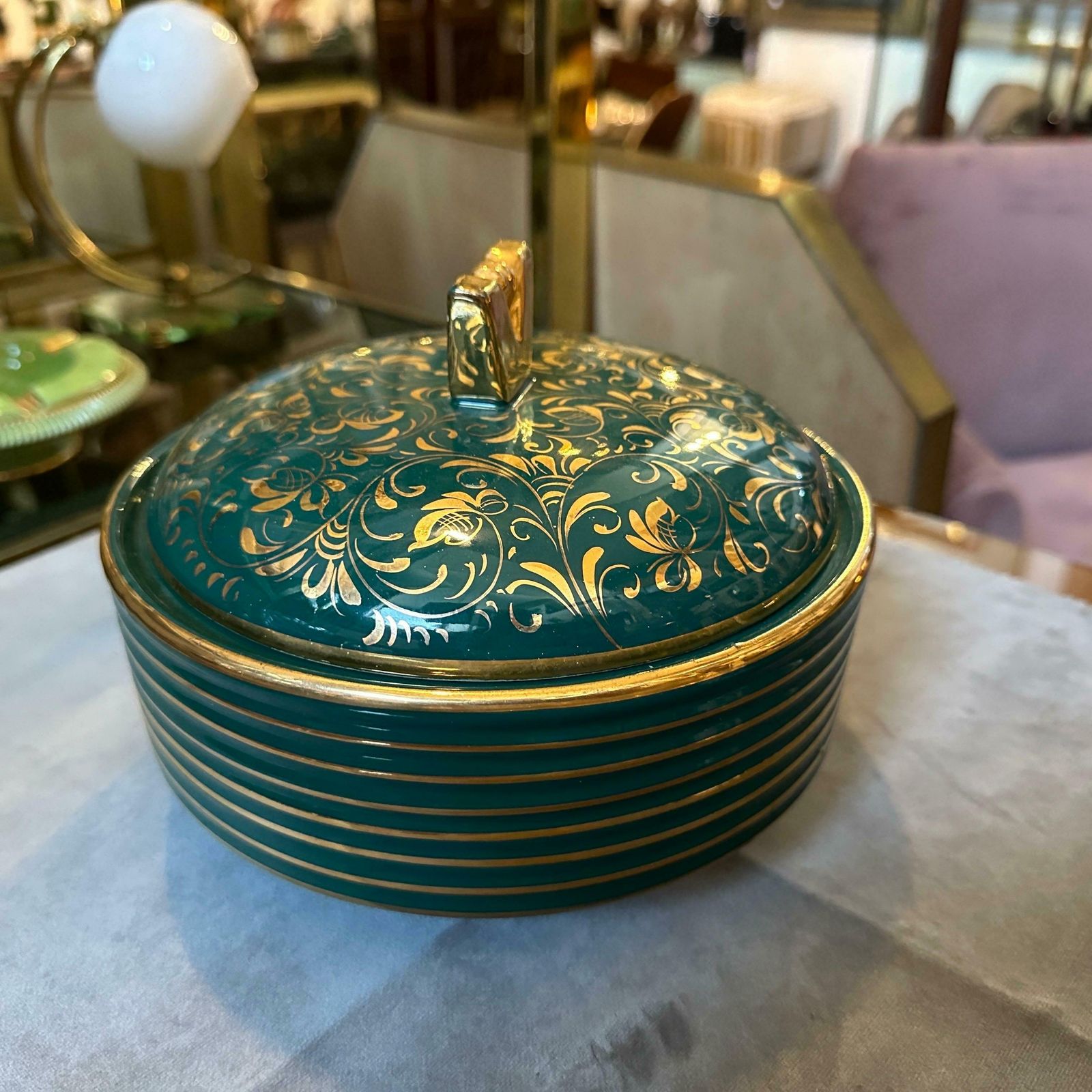 1960s Mid Century Modern Green And Gold Ceramic Italian Box By La Colonnata photo vinterior