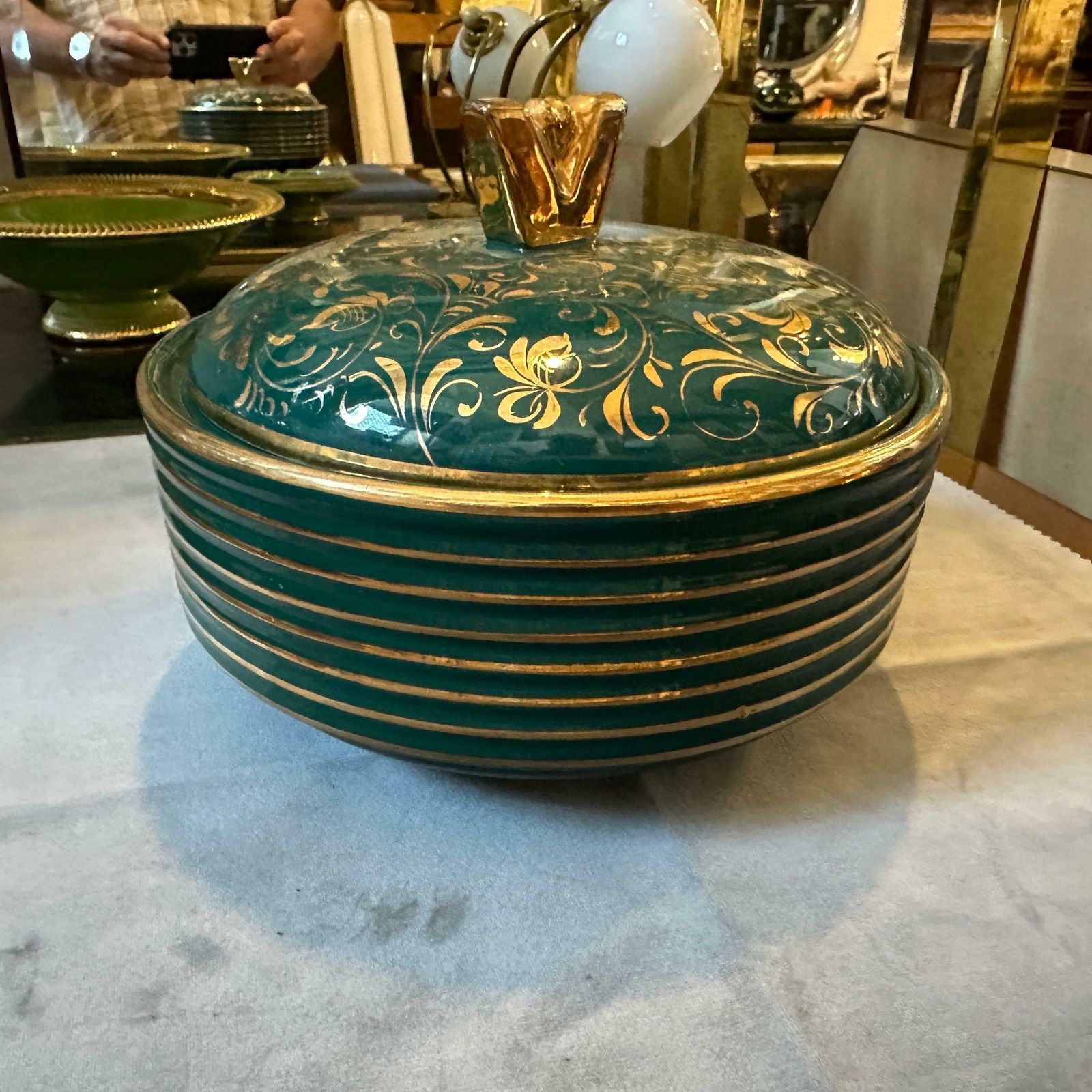 1960s Mid Century Modern Green And Gold Ceramic Italian Box By La Colonnata photo vintage