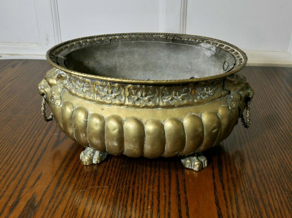 Gothic Brass Jardiniere With Lions Mask Handles And Liner