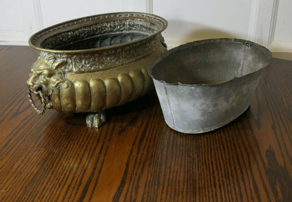 Gothic Brass Jardiniere With Lions Mask Handles And Liner photo vinterior