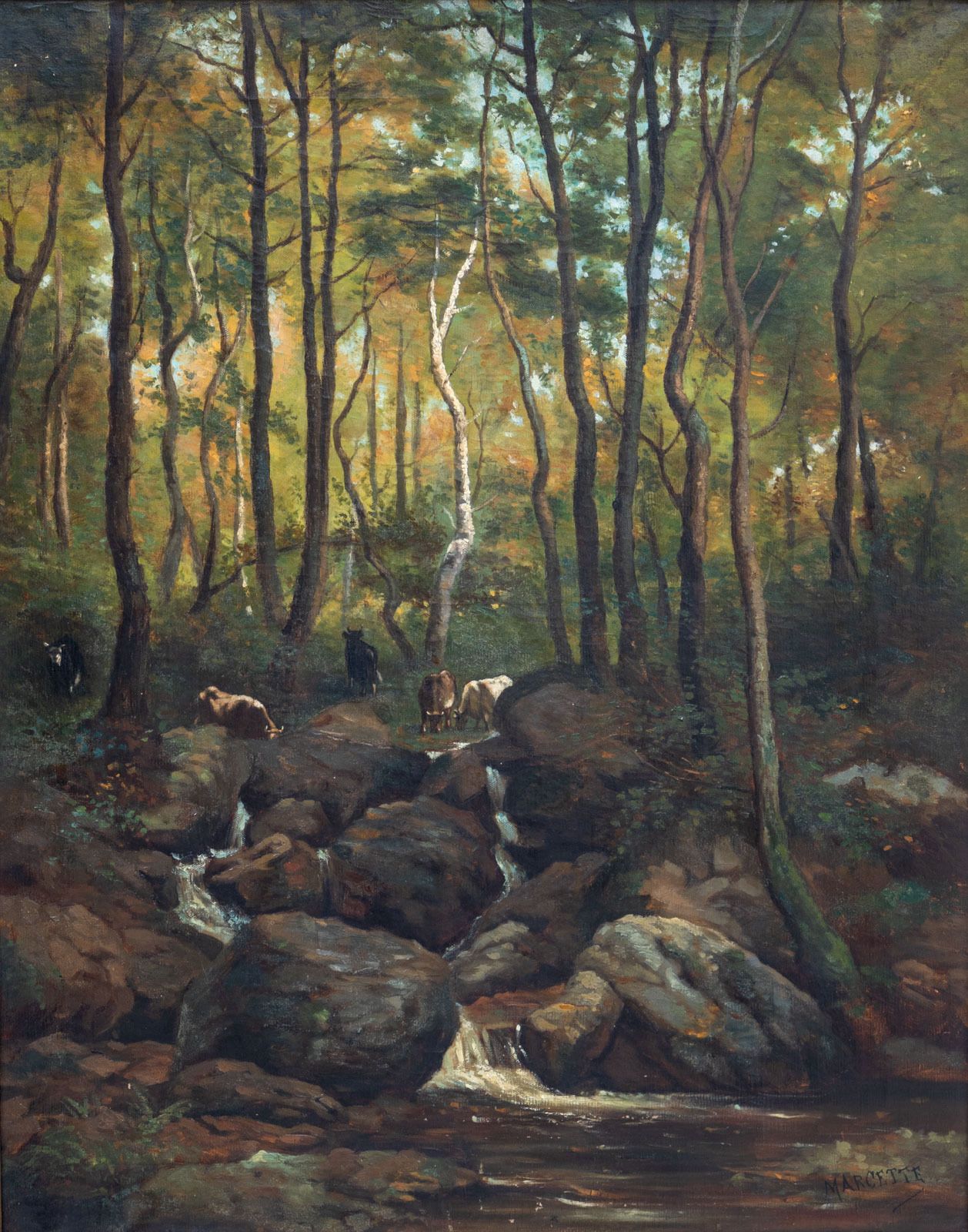 Henri Marcette (1824 1890), Forest Landscape With Cows, 2nd Half 19th Century