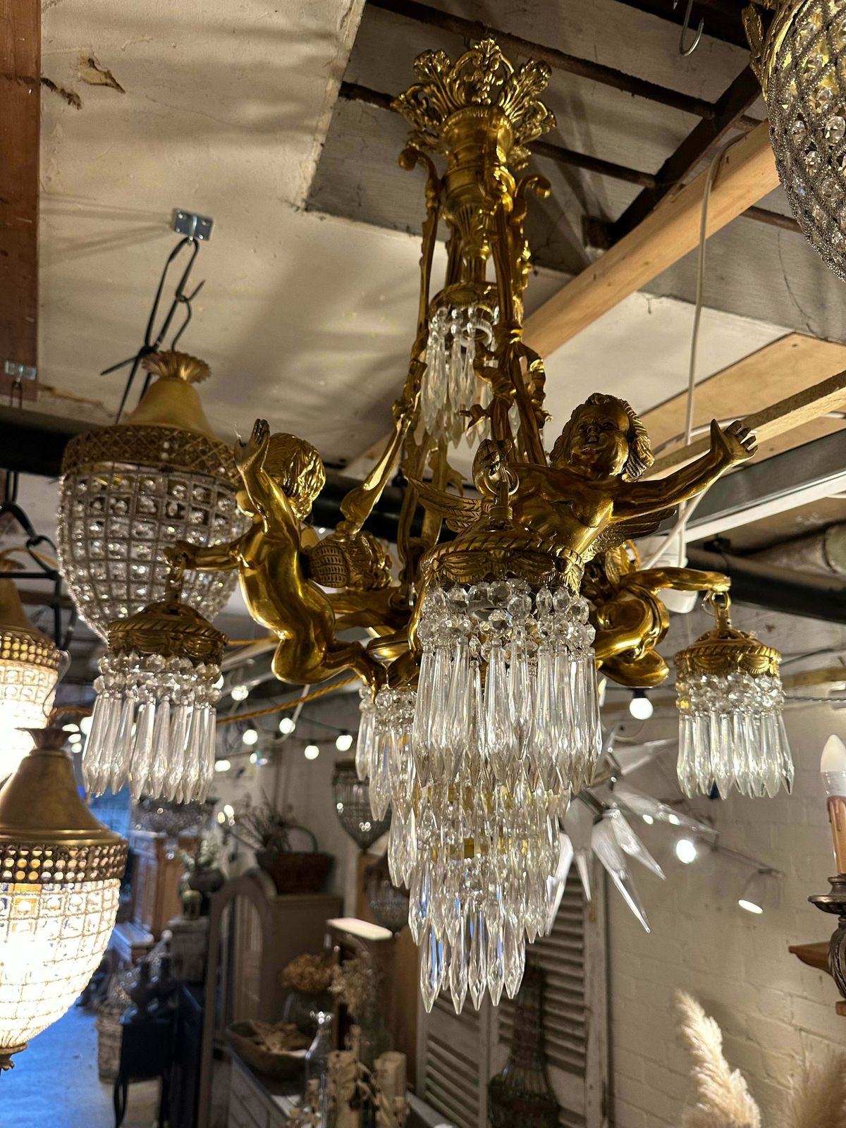 Solid Bronze, French 3 Tier Cherub Chandelier, With Crystal photo vintage