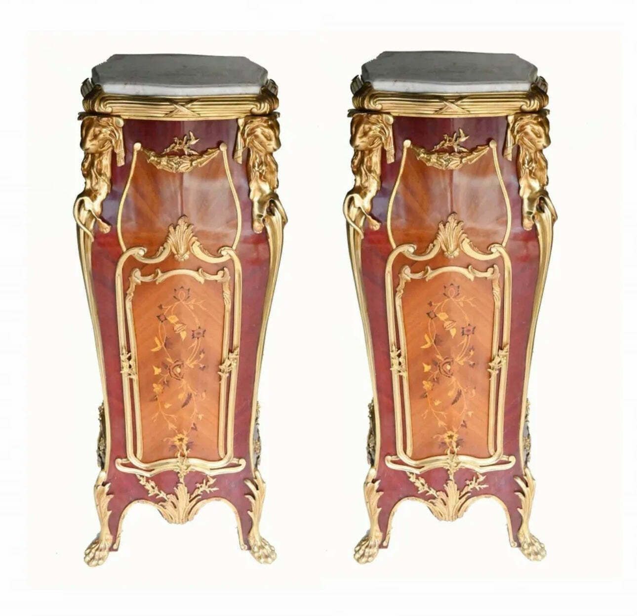 Pair Of, Antique Inlaid Marble Top Pot Stands With Bronze Detailing