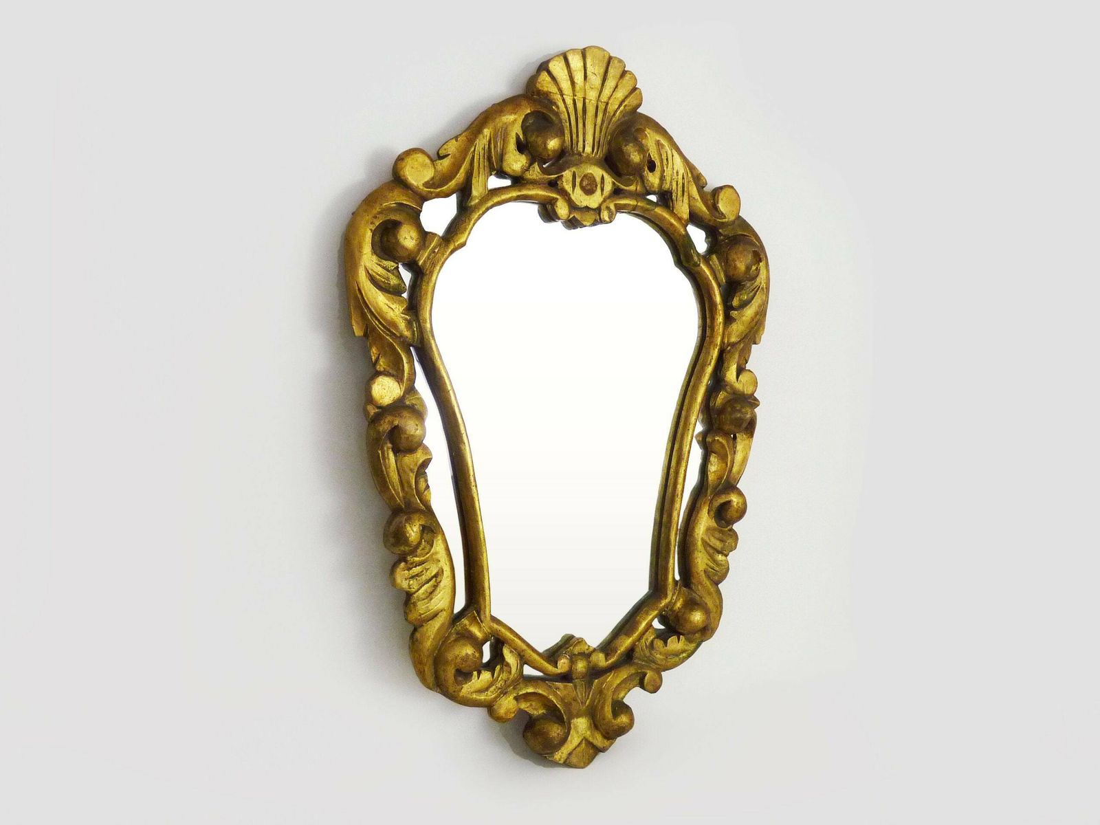 Old Wall Mirror In Wood And Gilded Stucco With Shell Decoration, Pediment Mirror. Louis XV Style. Mid 20th Century photo furniture
