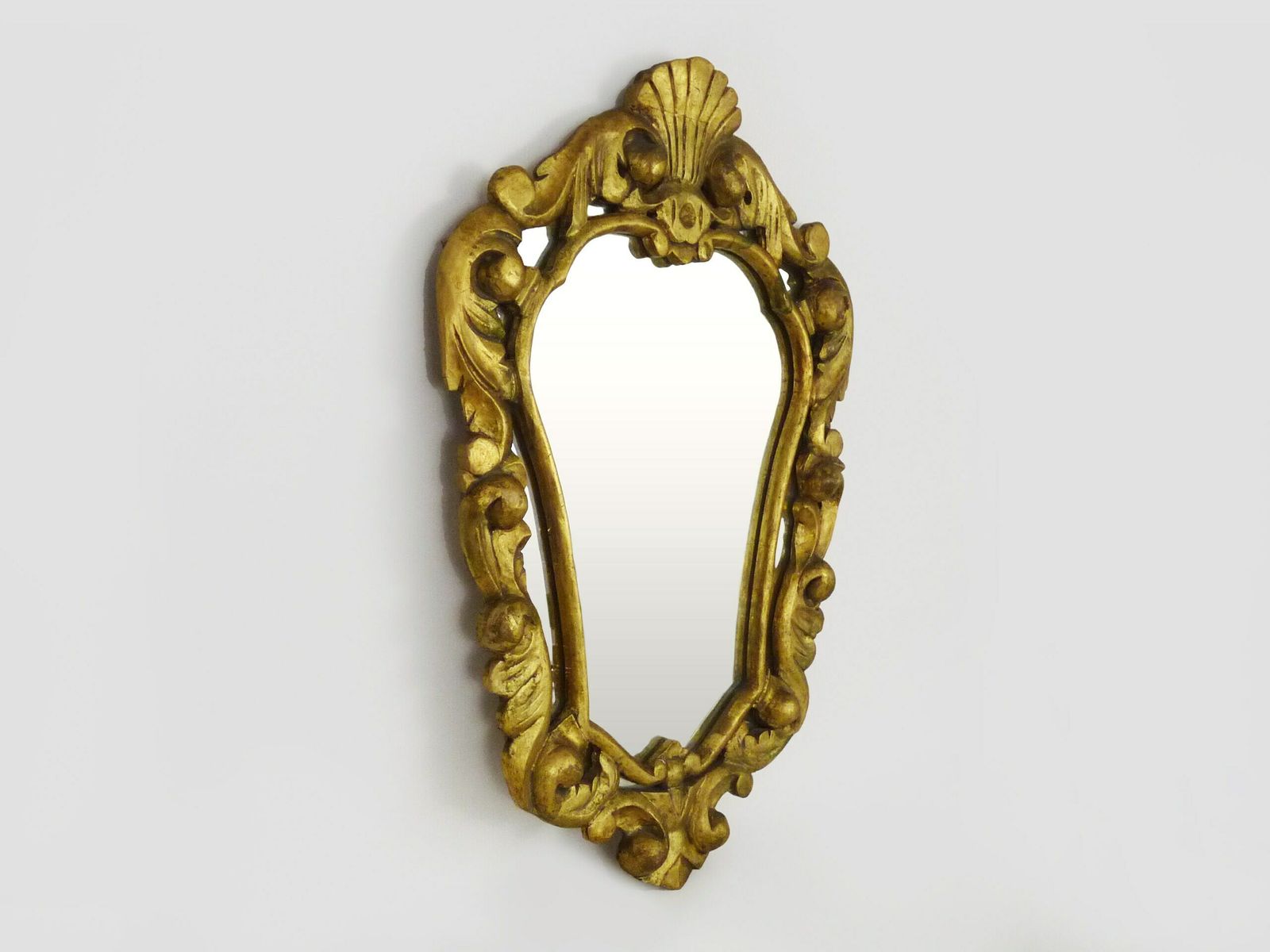 Old Wall Mirror In Wood And Gilded Stucco With Shell Decoration, Pediment Mirror. Louis XV Style. Mid 20th Century photo for sale