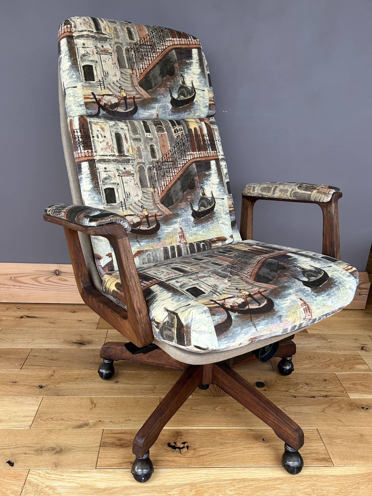 Vintage German Sedus Swivel Office Chair – Reupholstered In Zoffany Venice Scene Fabric