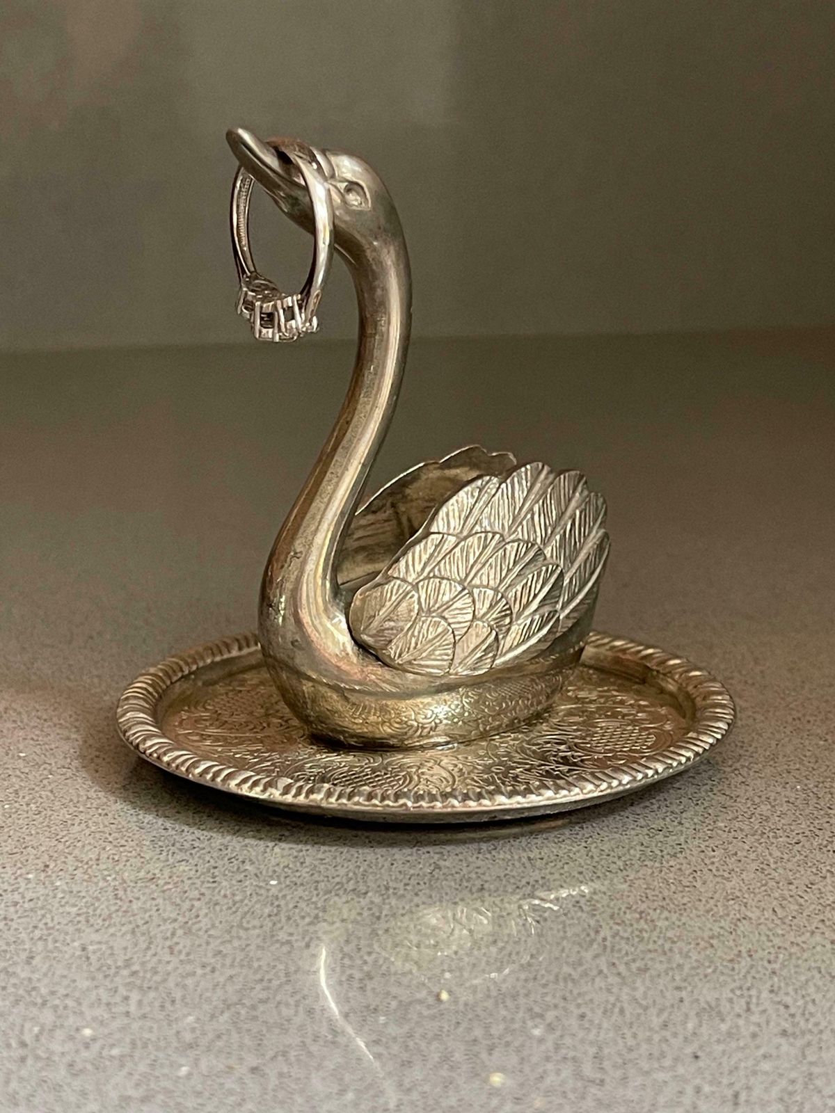 Antique Sliver Ring Holder Swann Birds Decorative Jewellery Organiser Home Décor photo vintage