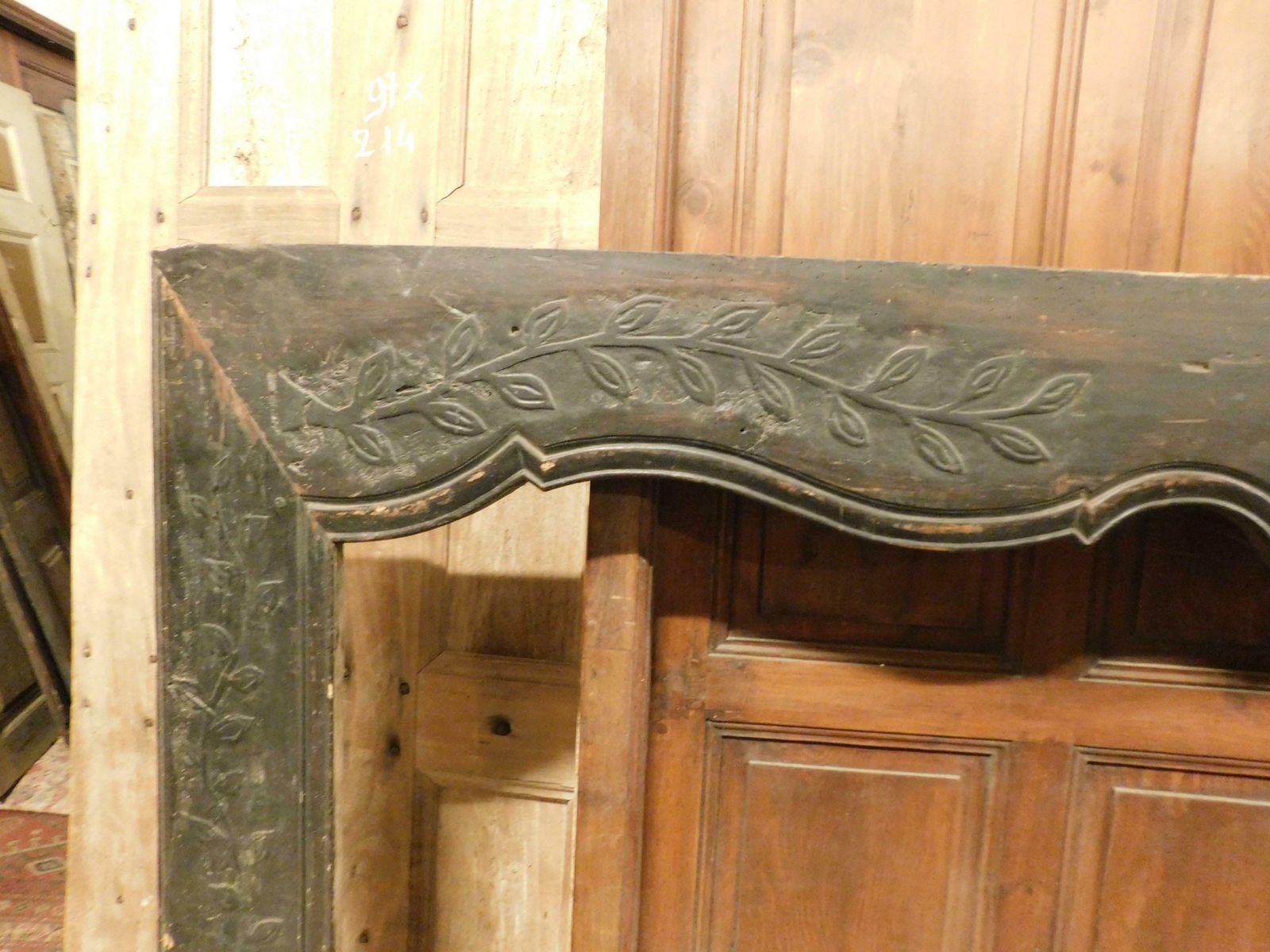 Fireplace Mantle In Black Lacquered Solid Wood With Floral Carvings, Italy photo 1722.0