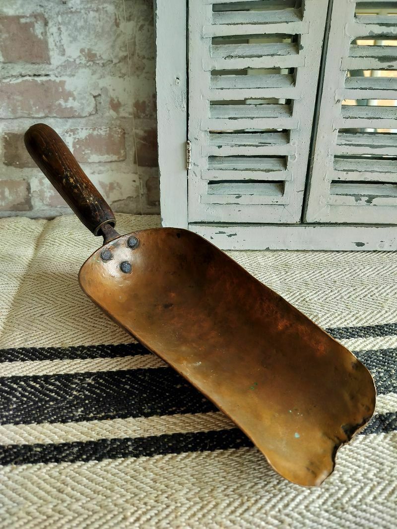 Antique French Copper Scoop With Wooden Handle