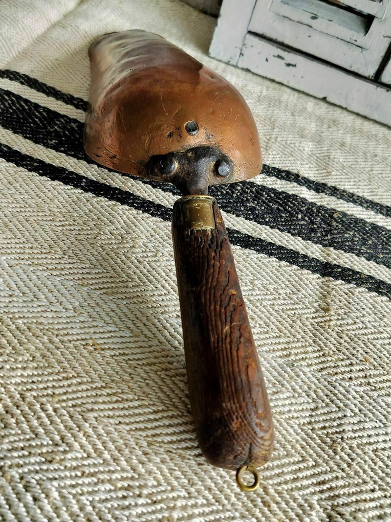 Antique French Copper Scoop With Wooden Handle photo for sale