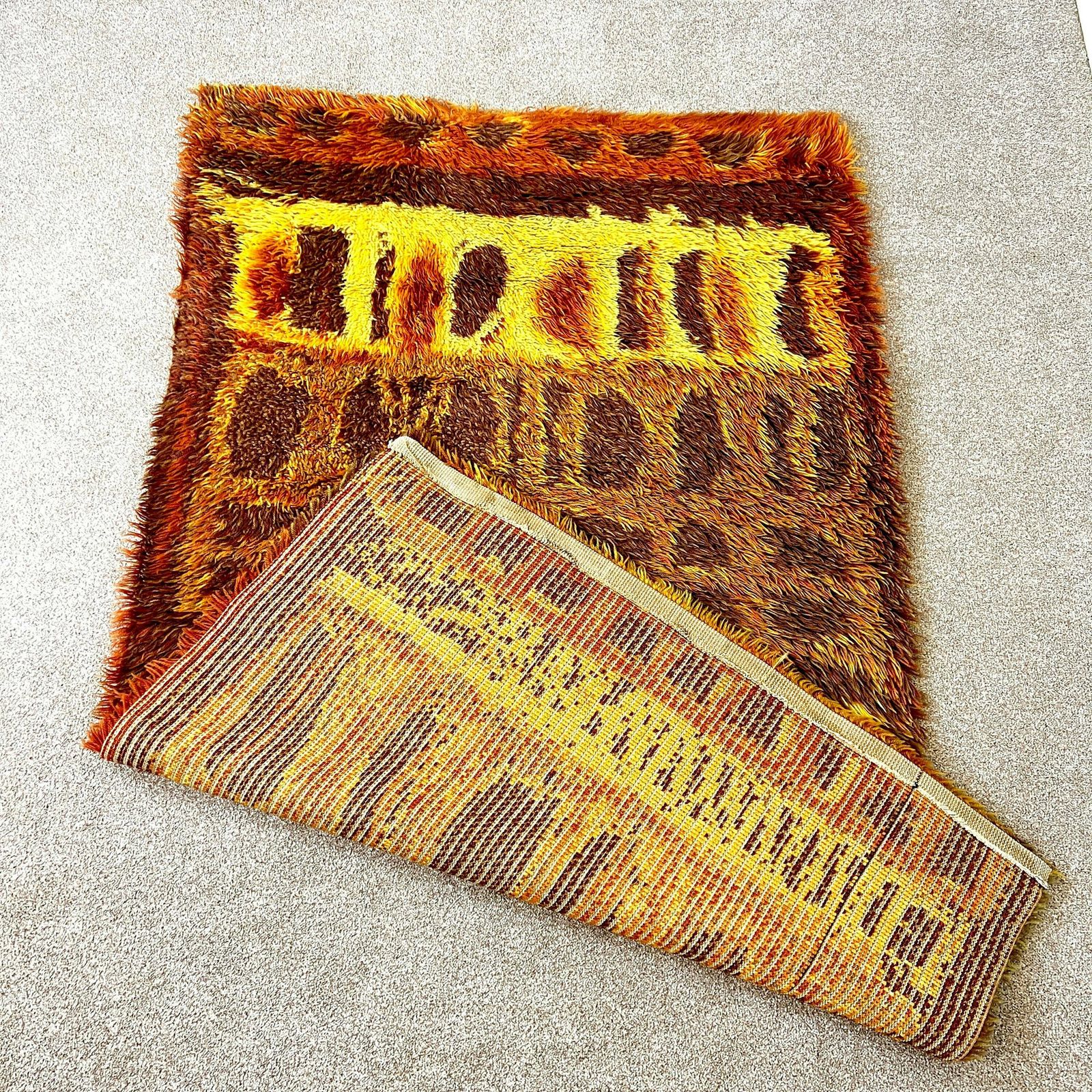 Mid Century Orange Brown Rug Rya, Vintage 70s Round Shag Style Rug, Retro 5ft X 3ft photo furniture