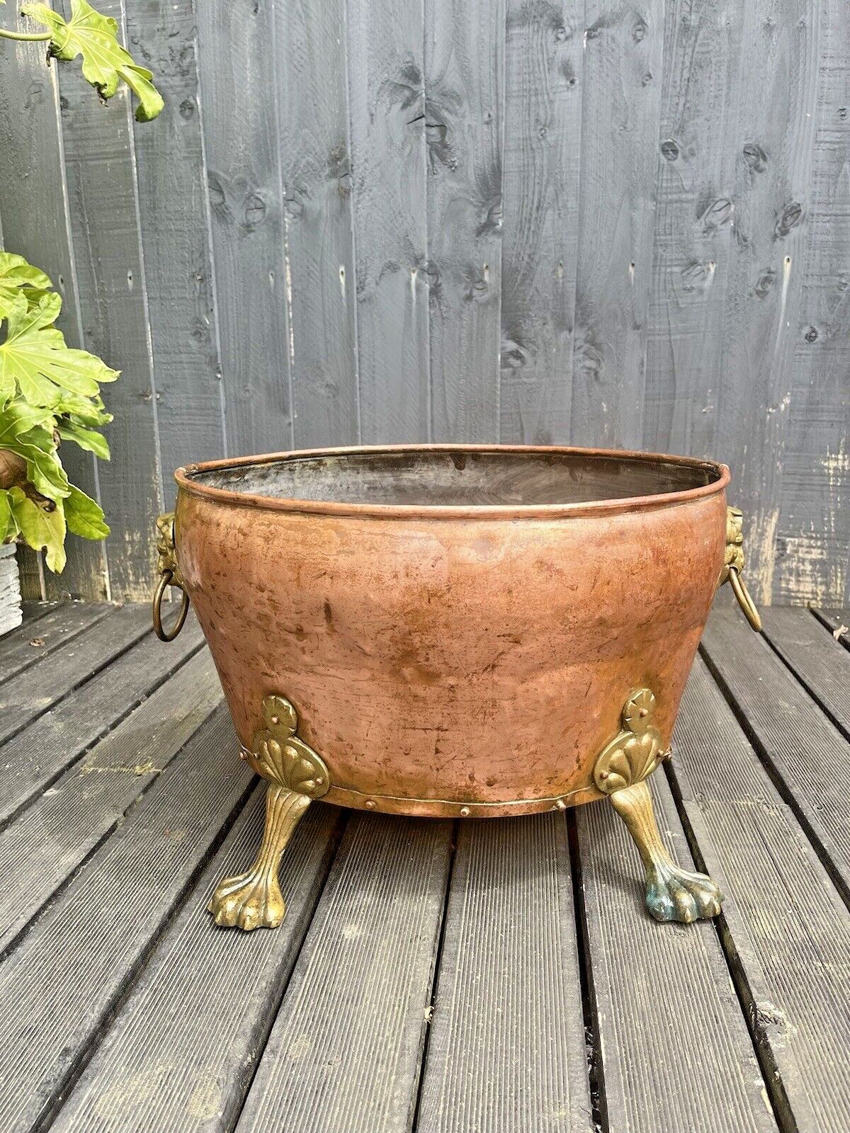 Large Antique Copper & Brass Lions Head Paw Feet Riveted Log Coal Bucket Planter photo furniture