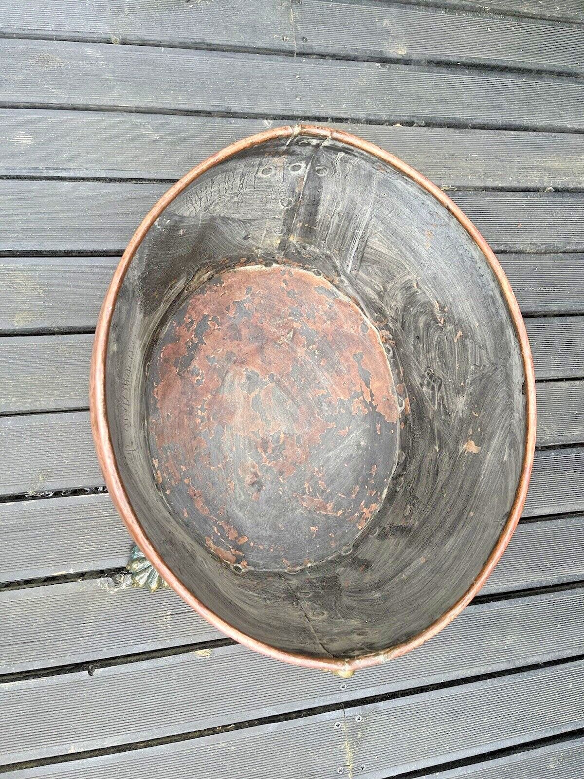 photo for sale Large Antique Copper & Brass Lions Head Paw Feet Riveted Log Coal Bucket Planter