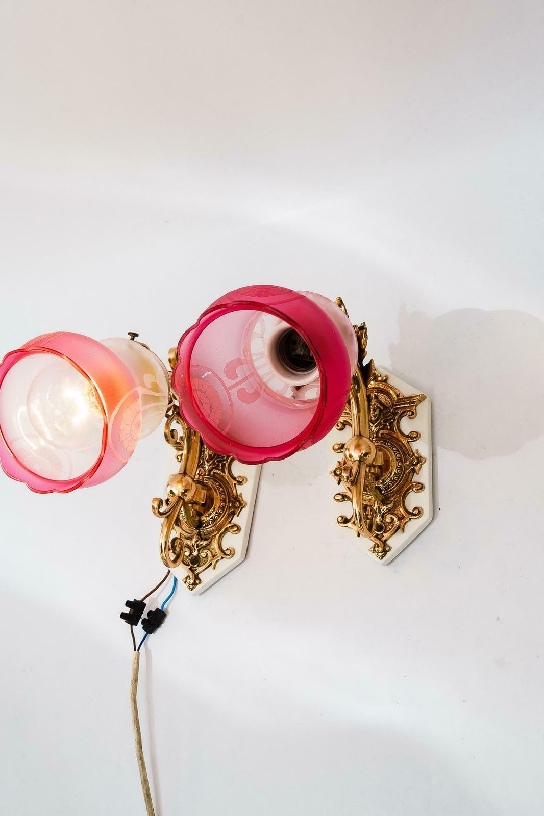 photo vinterior 2 Swiveling Bronze Historistic Wall Lamps With Glass Shades Vienna Around 1890s