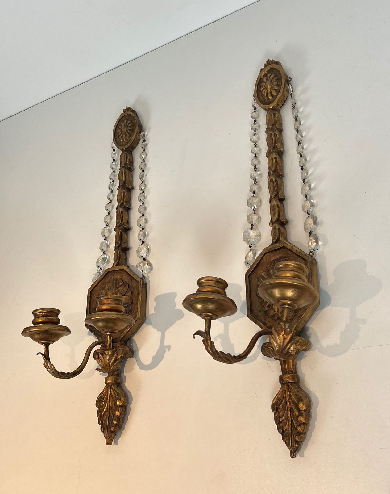 photo for sale Important Pair Of Gilded Carved Wood Sconces With Crystal Garlands