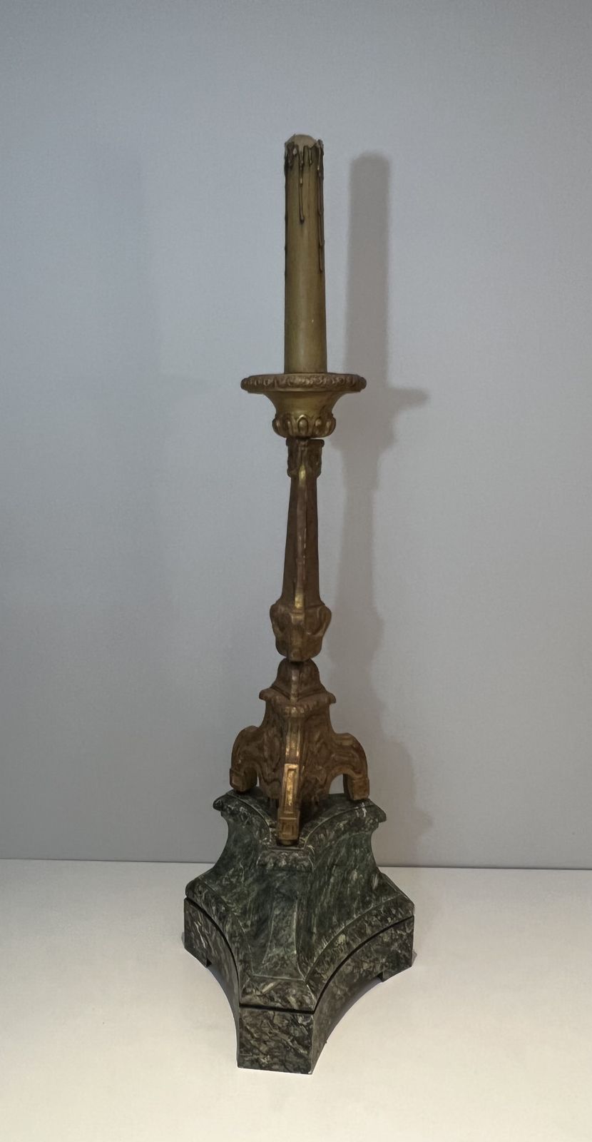 Large Candelabra In Carved Golden Wood On Patinated Base photo vintage