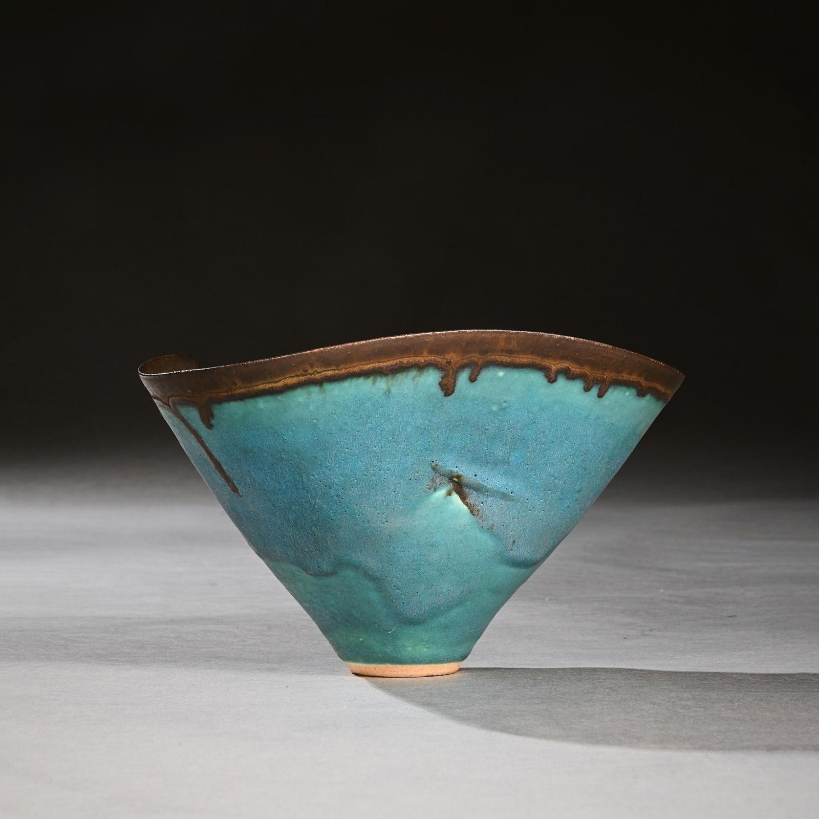 A Fine Dame Lucie Rie Turquoise Blue Stoneware Bowl With Dripping Manganese Glaze And Wavy Rim photo for sale