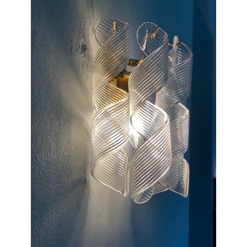 Set Of Two Transparent “Ricci” Murano Glass Gold 24k Wall Sconces In Mazzega Style photo furniture