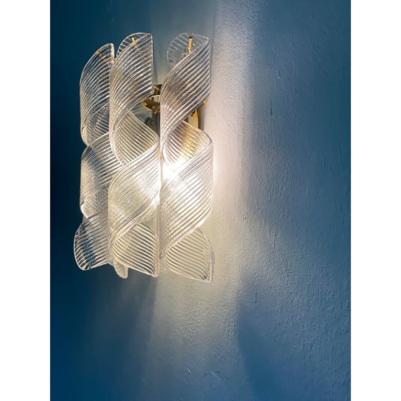 Set Of Two Transparent “Ricci” Murano Glass Gold 24k Wall Sconces In Mazzega Style photo 3200.0