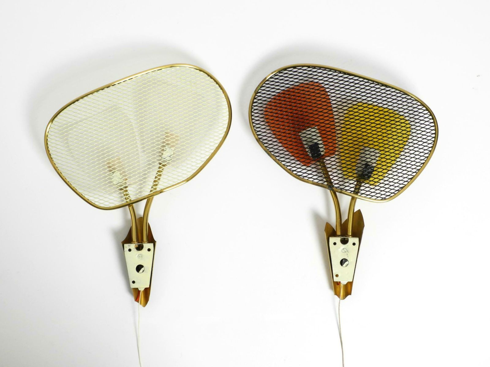 Pair Of Large Mid Century Expanded Metal Wall Lamps With Plexiglass Shades photo buy