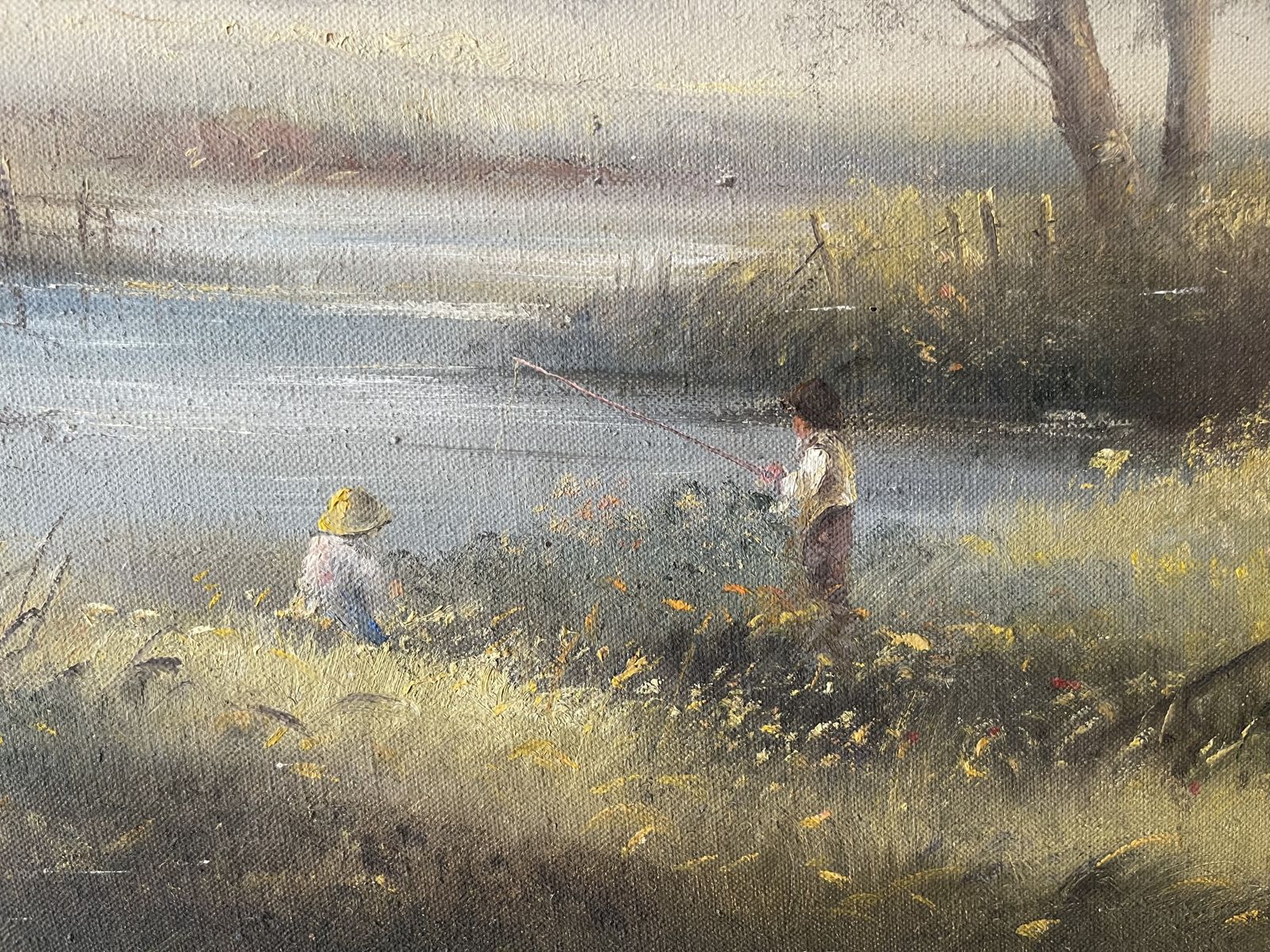 Original Oil Painting Children Fishing By River Scene By Ted Dyer(b.1940) photo 1995.0