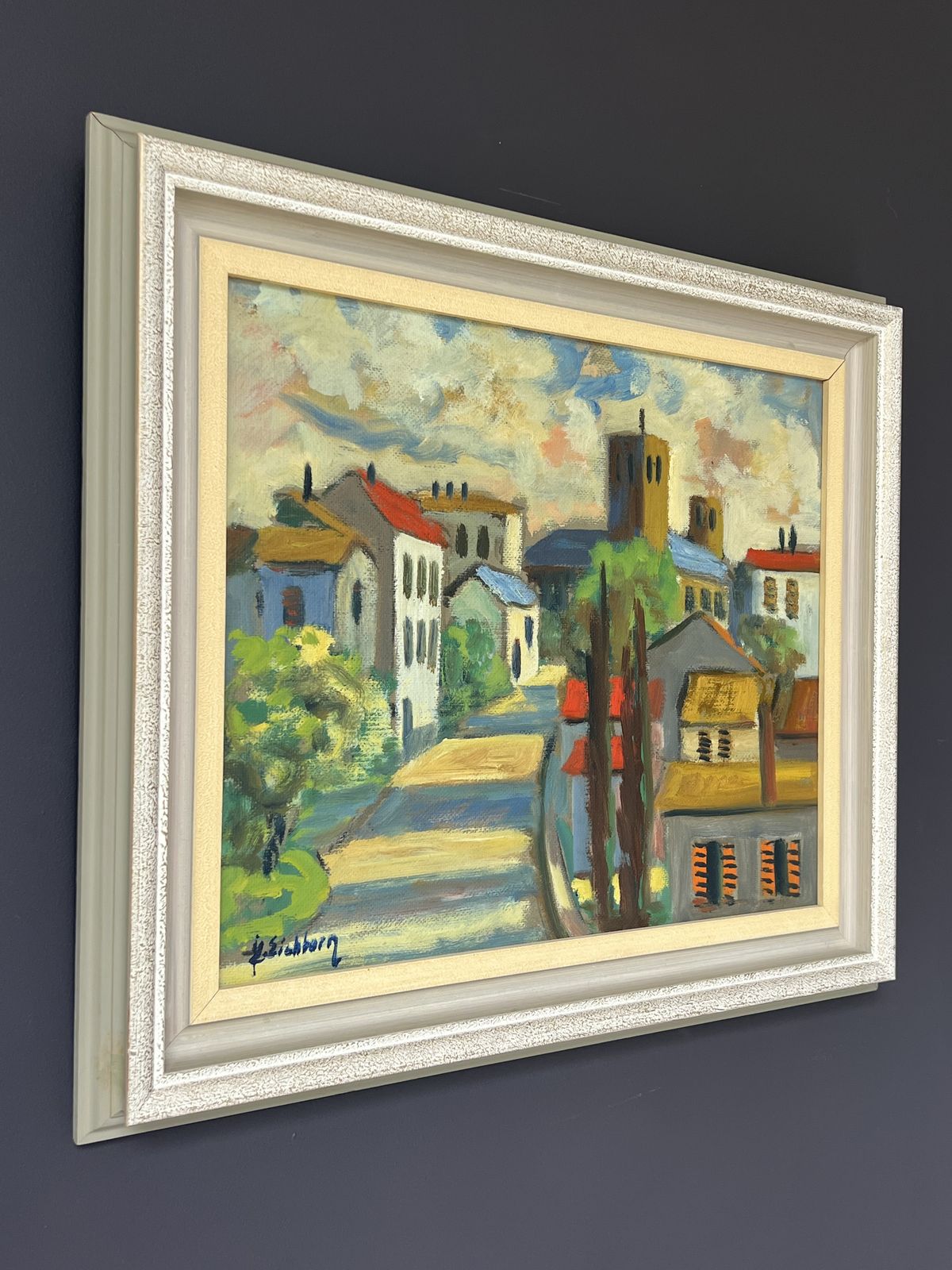 French Village Landscape Oil Painting By Listed Artist Jack Eichborn photo vintage