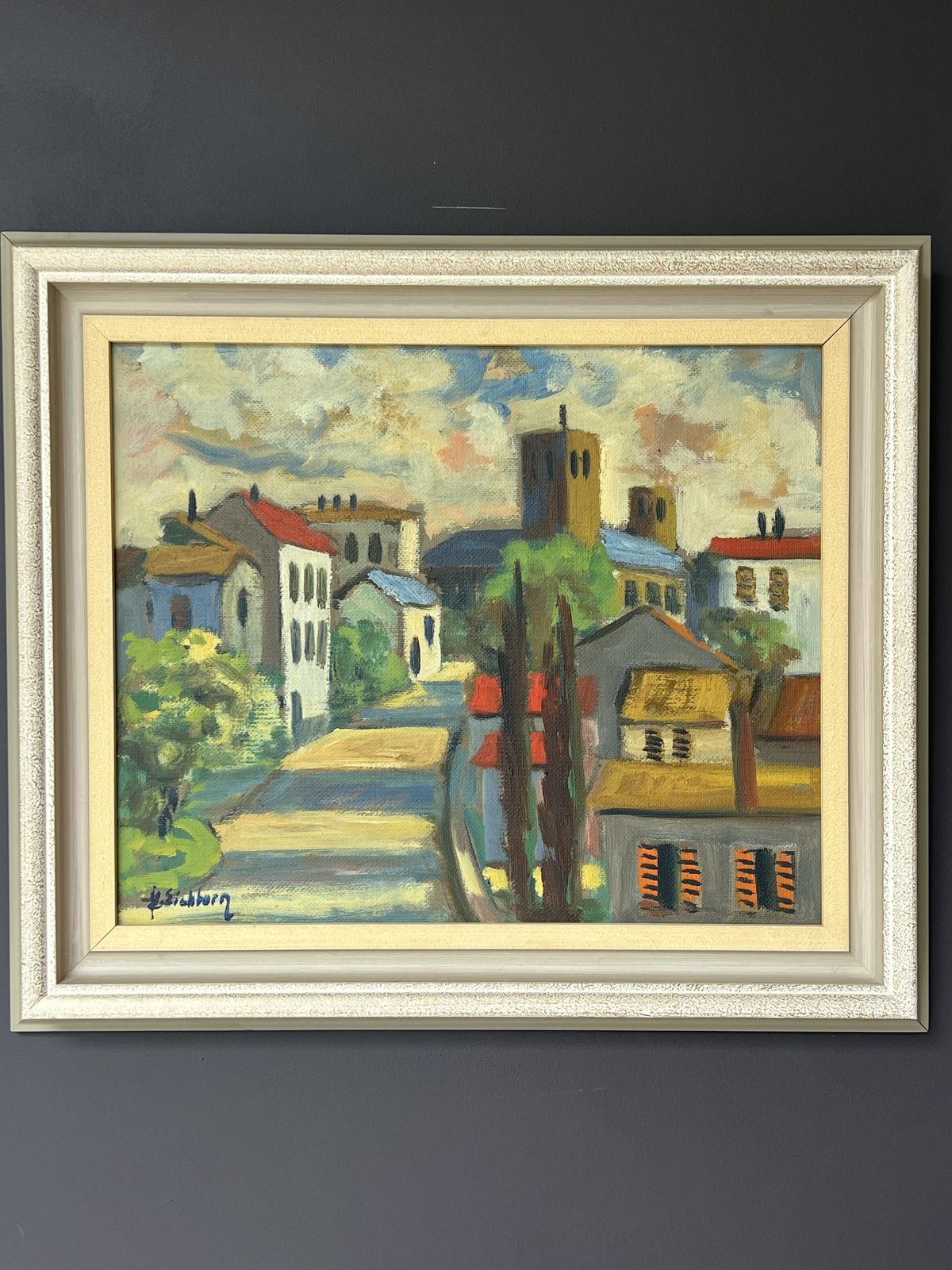 photo for sale French Village Landscape Oil Painting By Listed Artist Jack Eichborn
