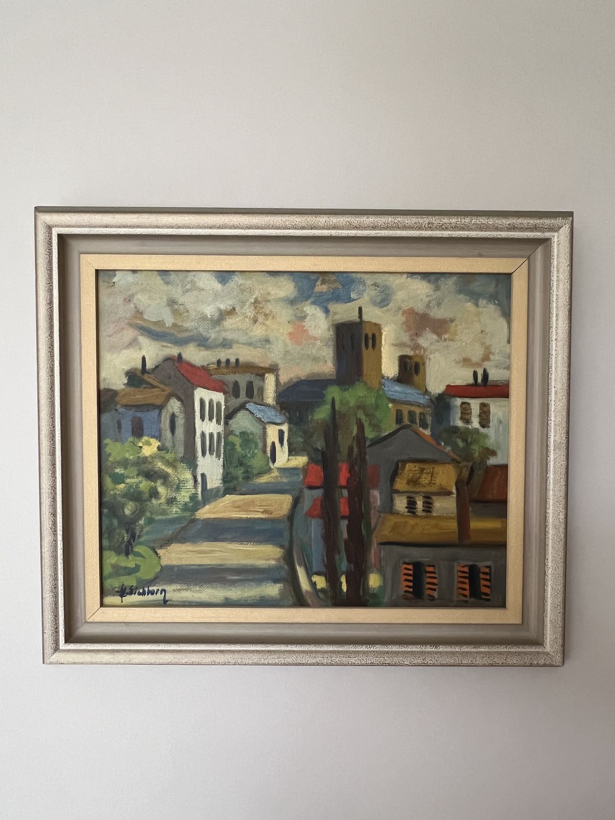 photo vinterior French Village Landscape Oil Painting By Listed Artist Jack Eichborn