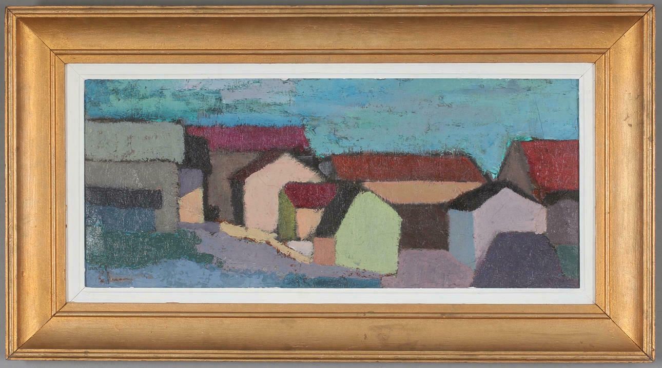 Cubist Houses Oil Painting On Board  By Listed Swedish Artist