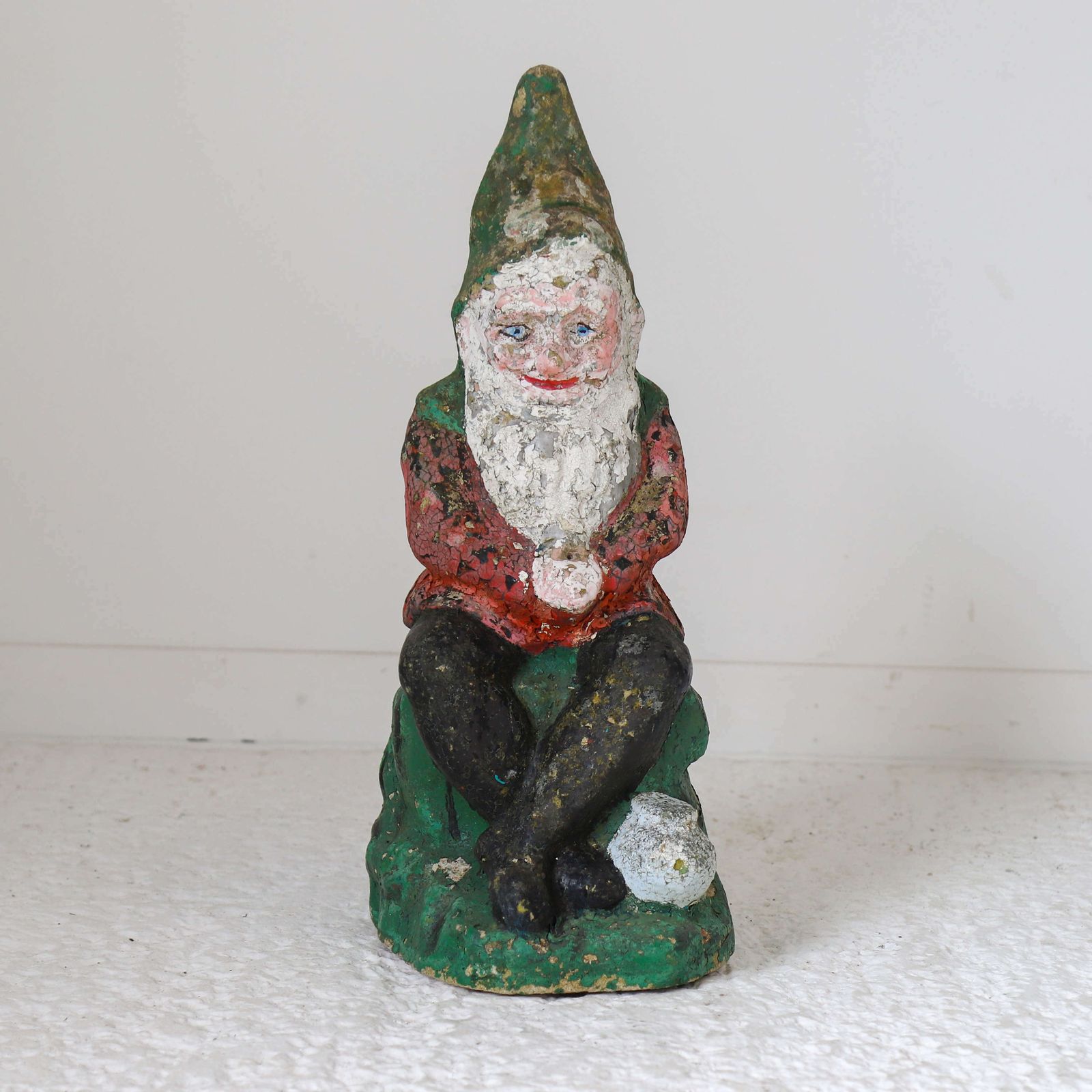 English Circa 1930s Garden Gnome Cast Stone Original Flaky Paint photo furniture