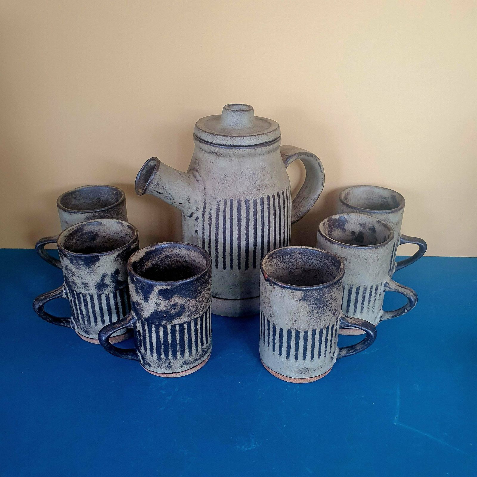 Vintage Tremar Pottery Teapot And 6 Mugs, Cornish Ceramics, 1970s photo furniture