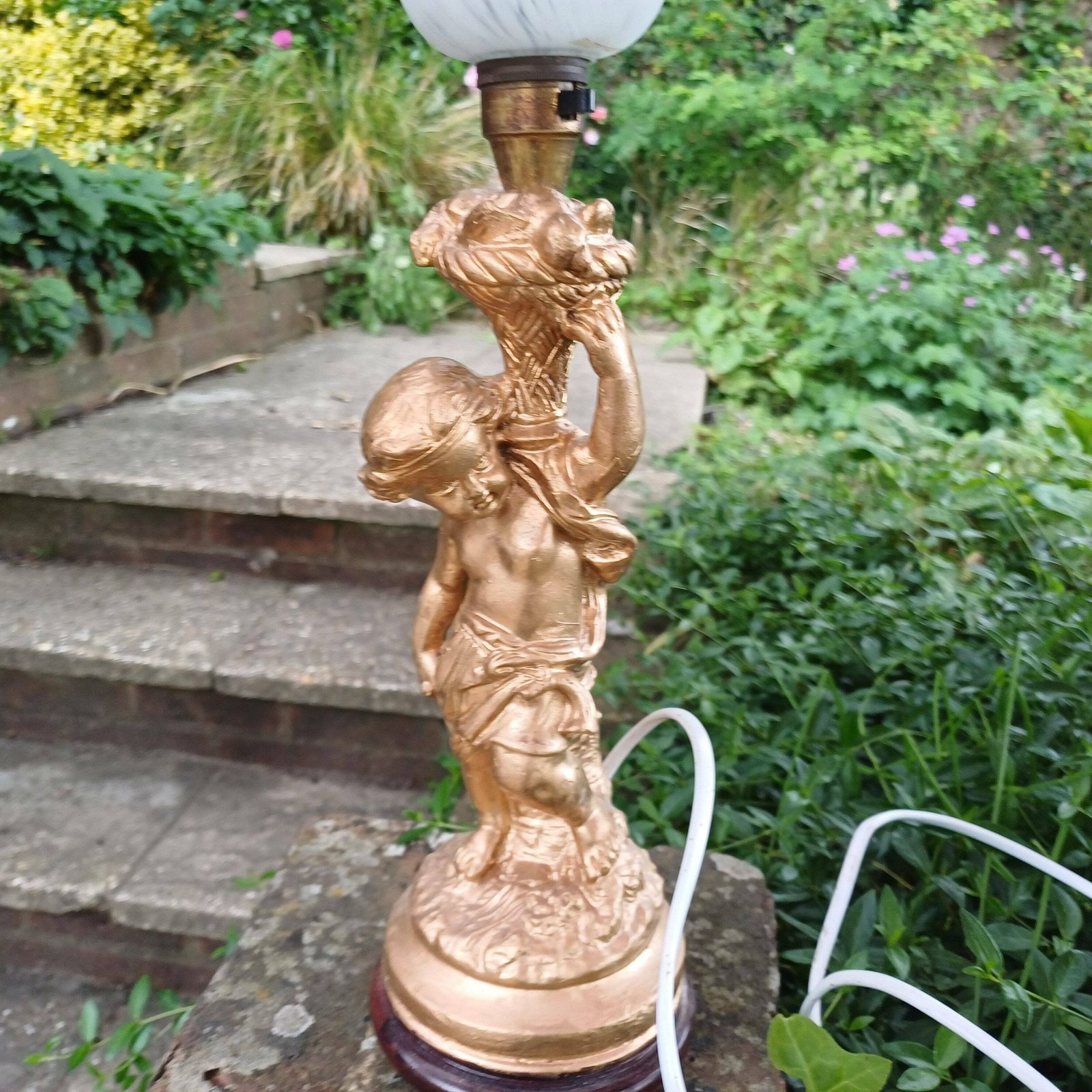 Vintage Cherub Gold Table Lamp With Early 20th Century Glass Lampshade. photo Lighting