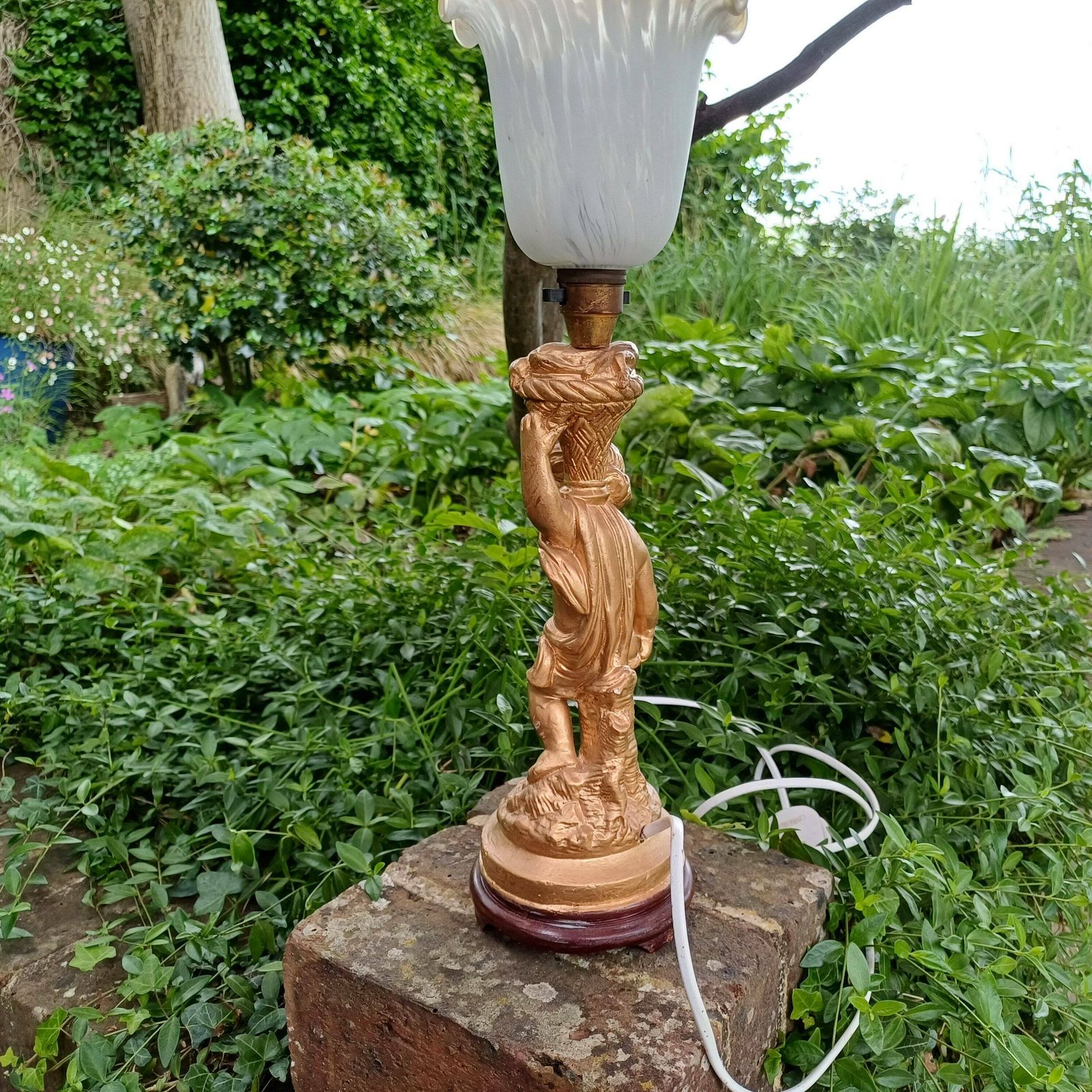 Vintage Cherub Gold Table Lamp With Early 20th Century Glass Lampshade. photo vinterior